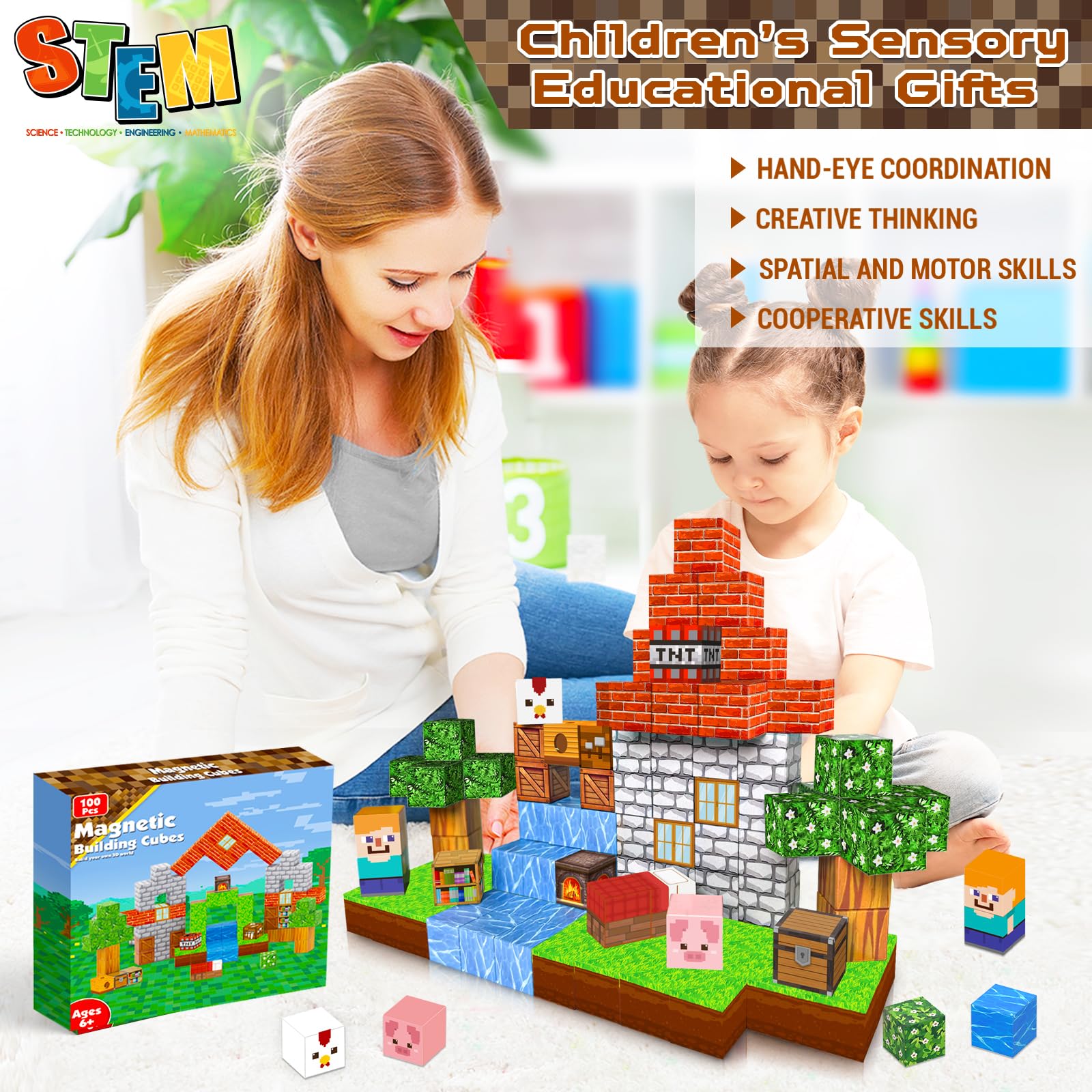 Magnetic Building Blocks Set 100PCS Grassland Theme STEM Toy