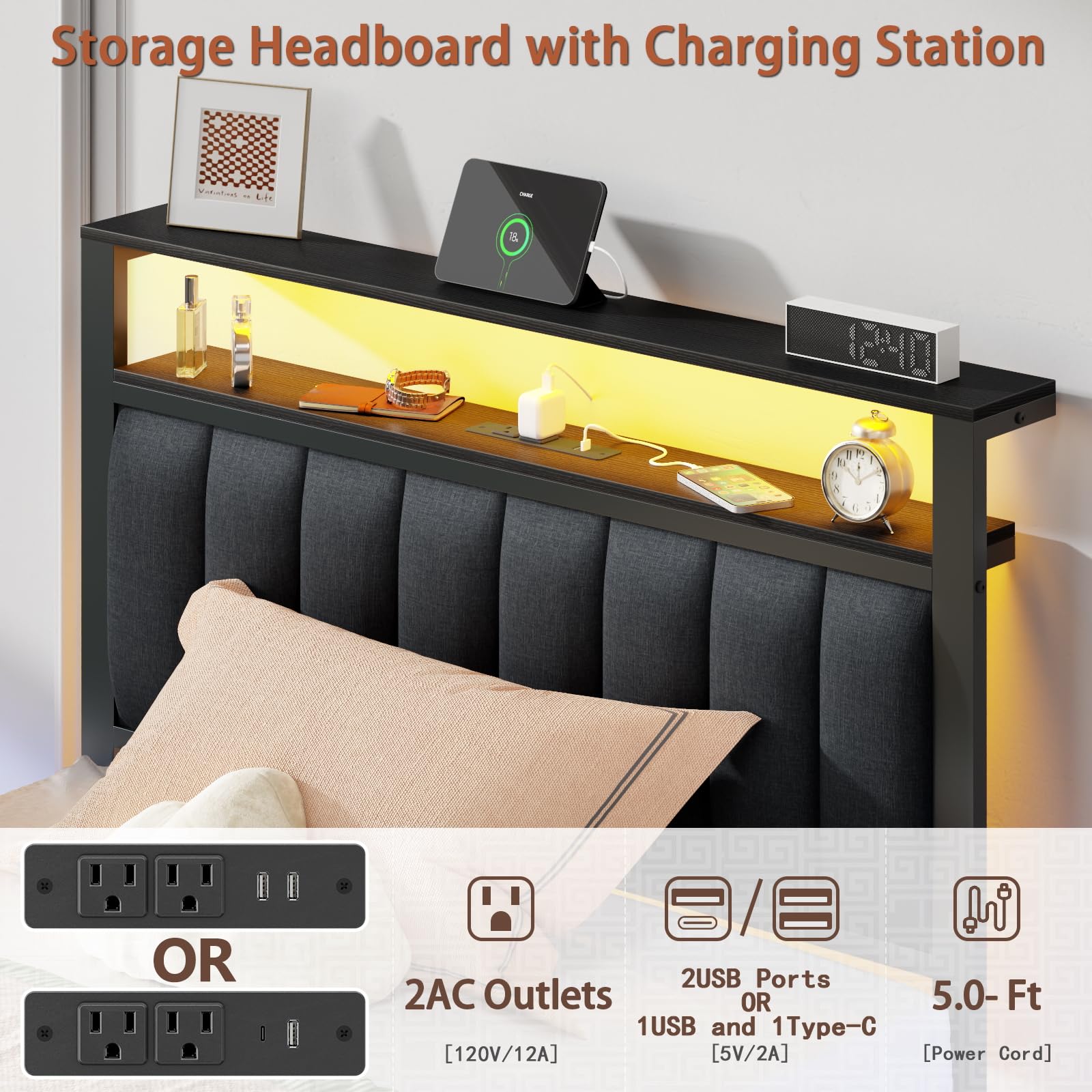 Twin Bed Frame with LED Lights and Charging Station
