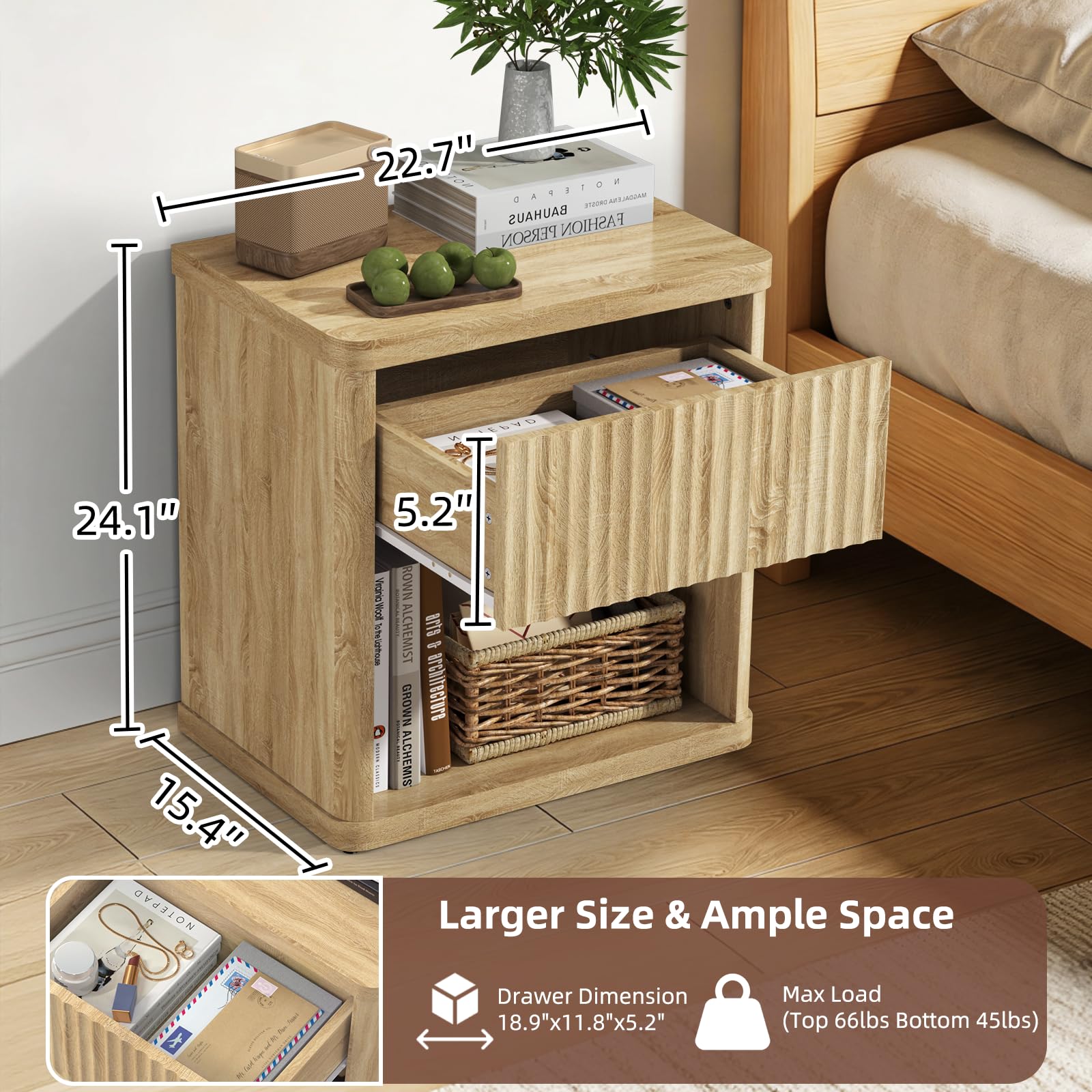 Large Modern Nightstand with Drawer Storage