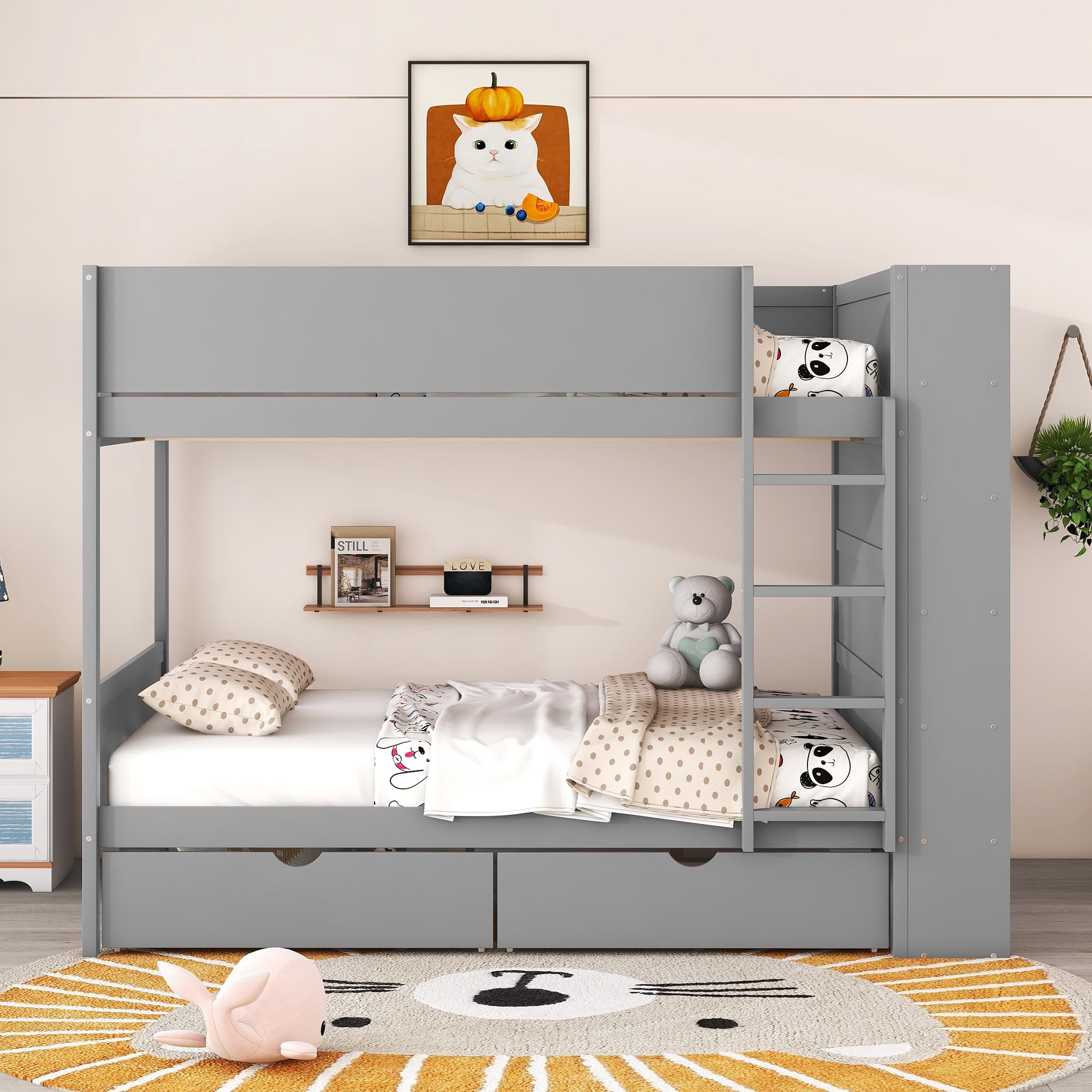 Full Over Full Bunk Bed with 2 Drawers and Multi-Layer Cabinet, Gray
