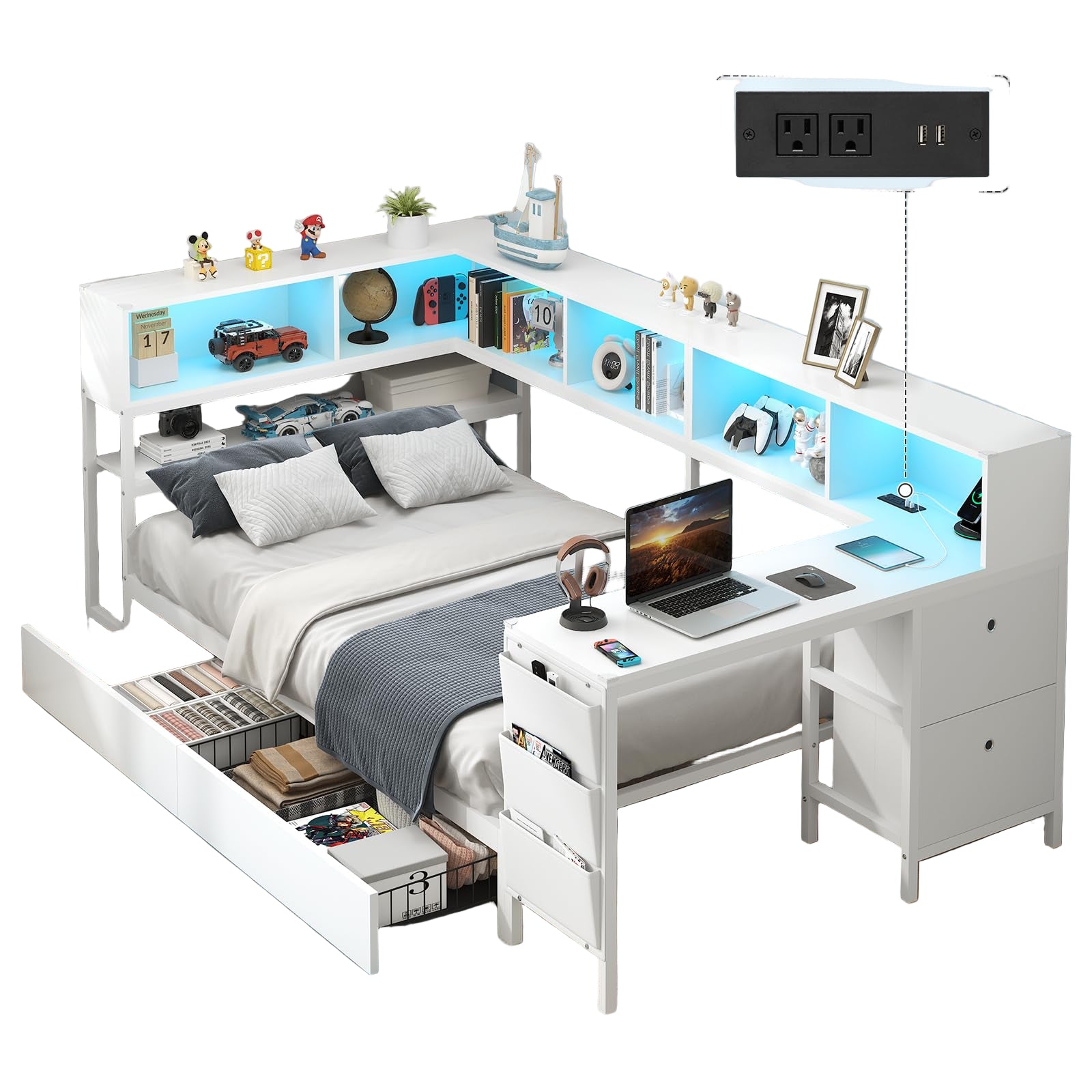 Twin Corner Bed with Desk and Storage Bookcase