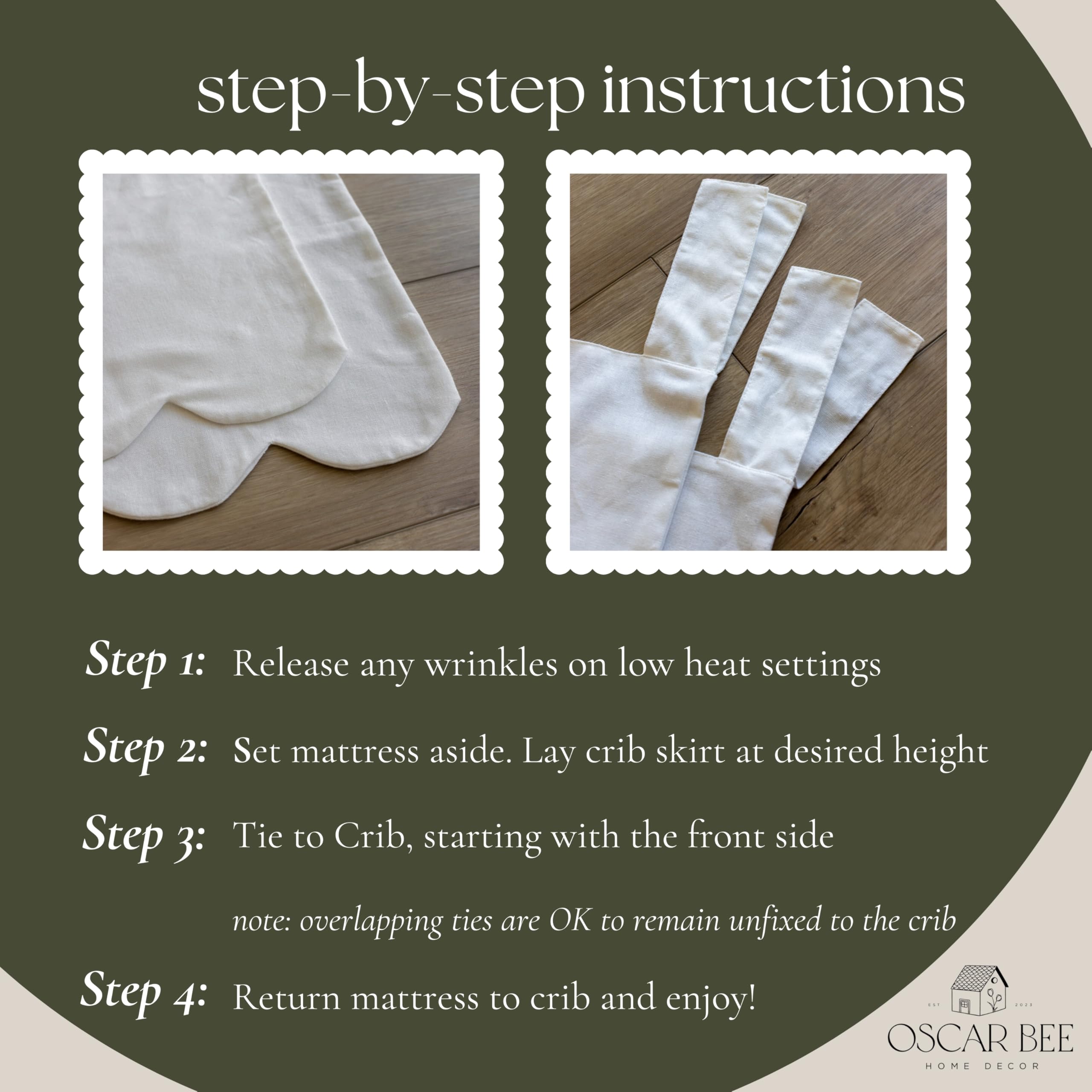 Organic Cotton Linen Crib Skirt White Scalloped Adjustable