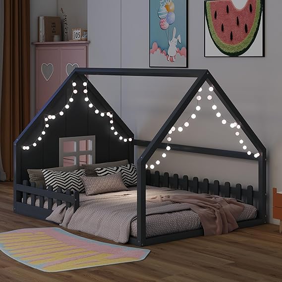 Full Size House Bed for Kids, Wood Montessori Floor Bed