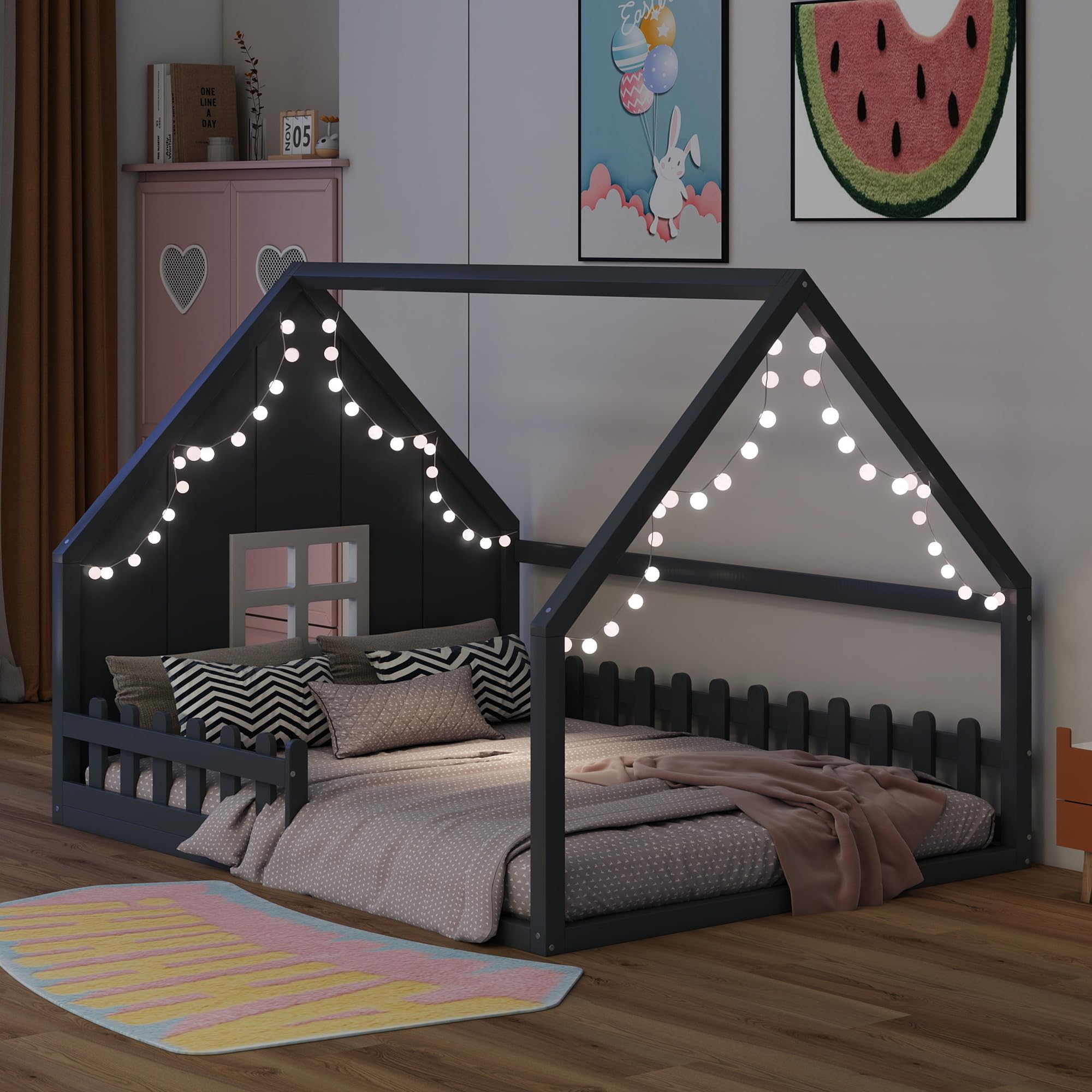 Full Size Montessori House Bed for Kids with LED Light