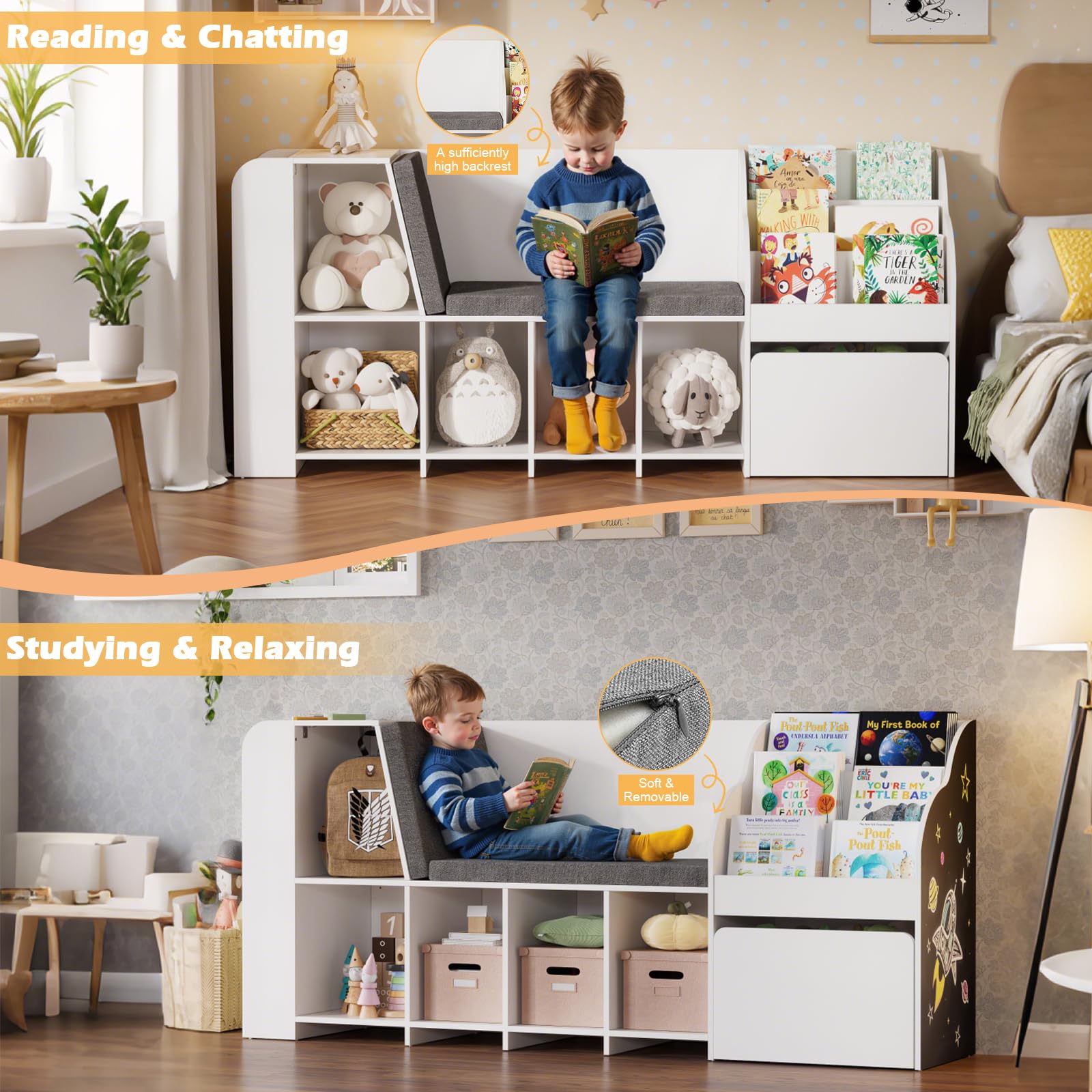 Kids Reading Nook with Storage Bench and Chalkboard