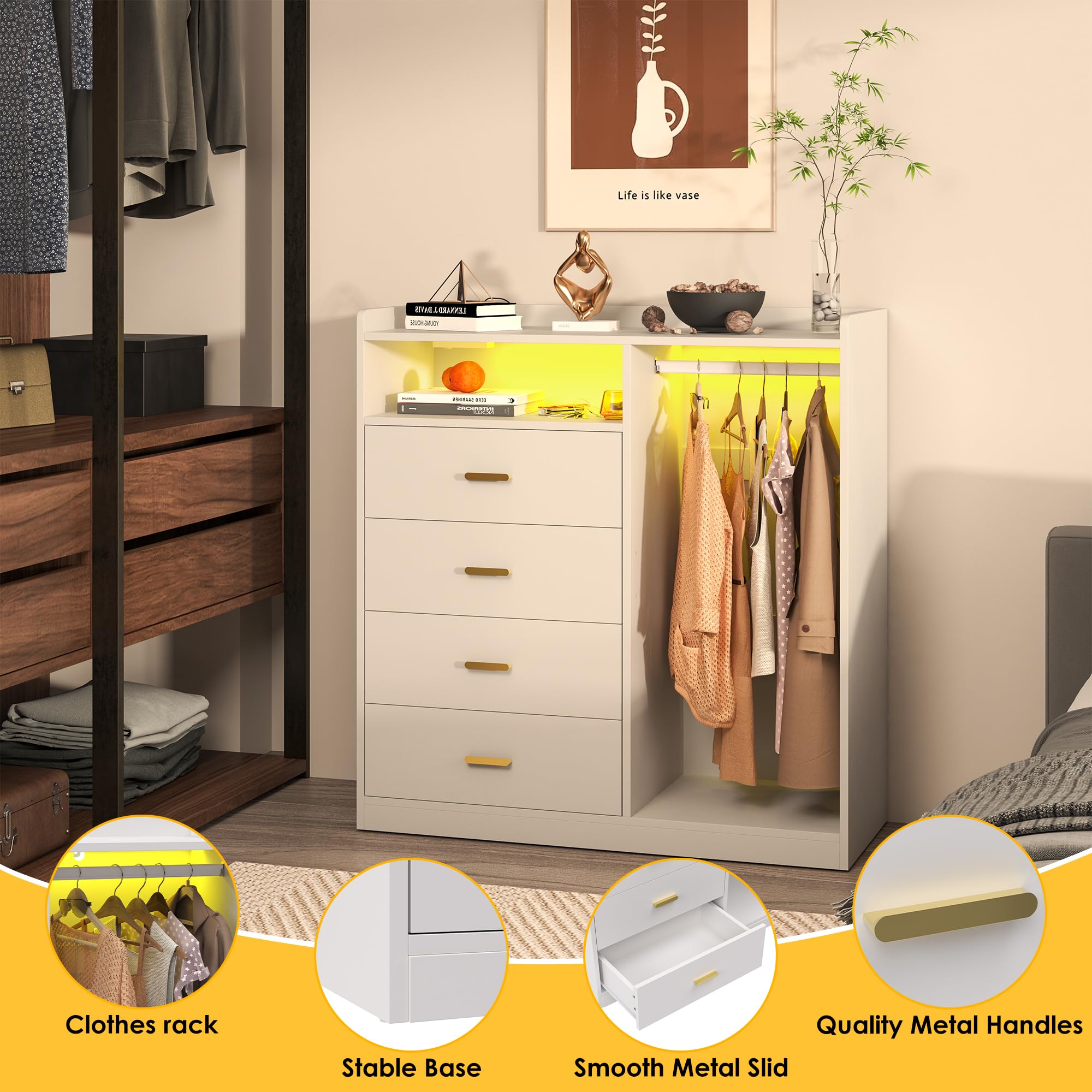 4 Drawer Dresser with Clothes Rack LED Lights and Charging Station