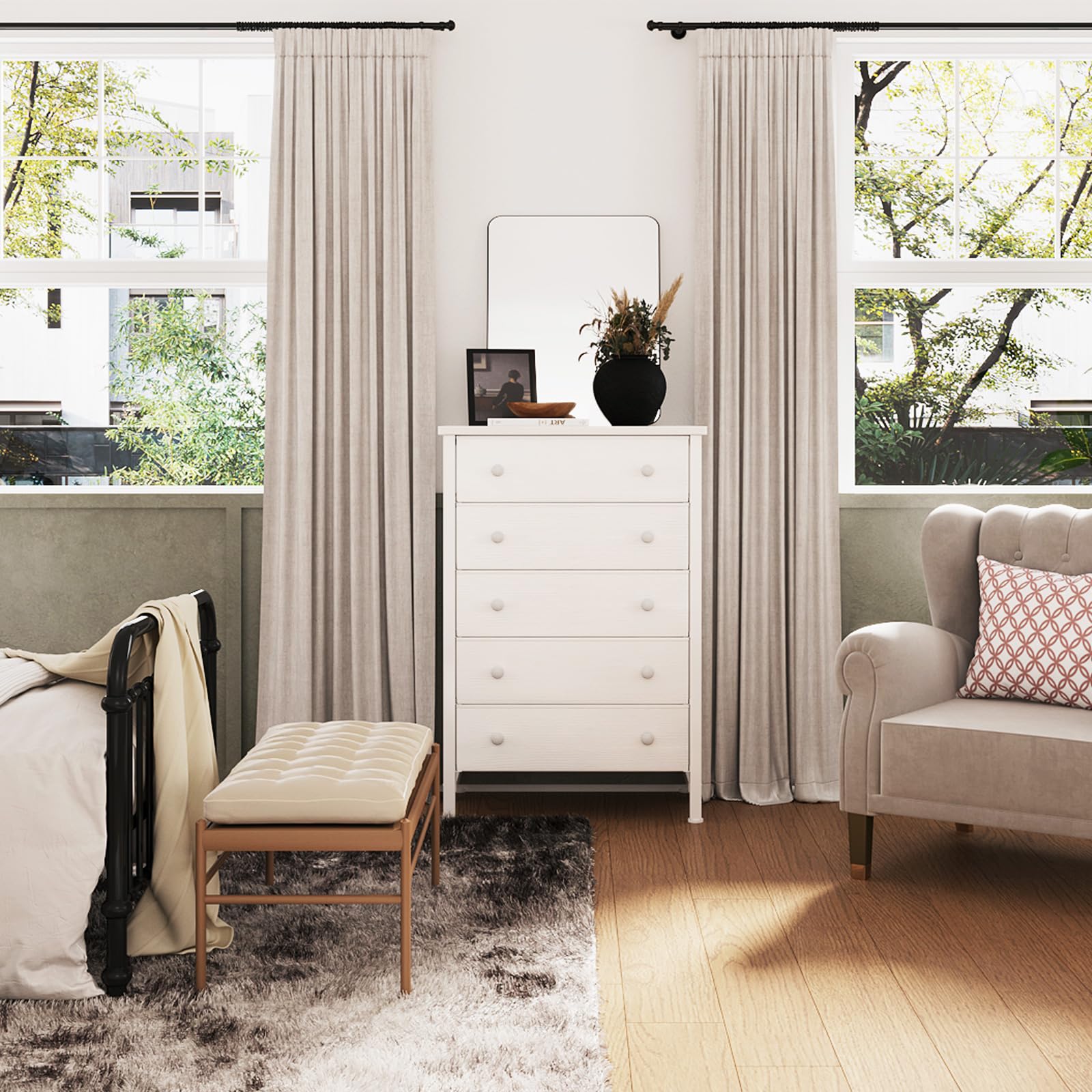 5-Drawer Fabric Dresser with Wood Grain Top