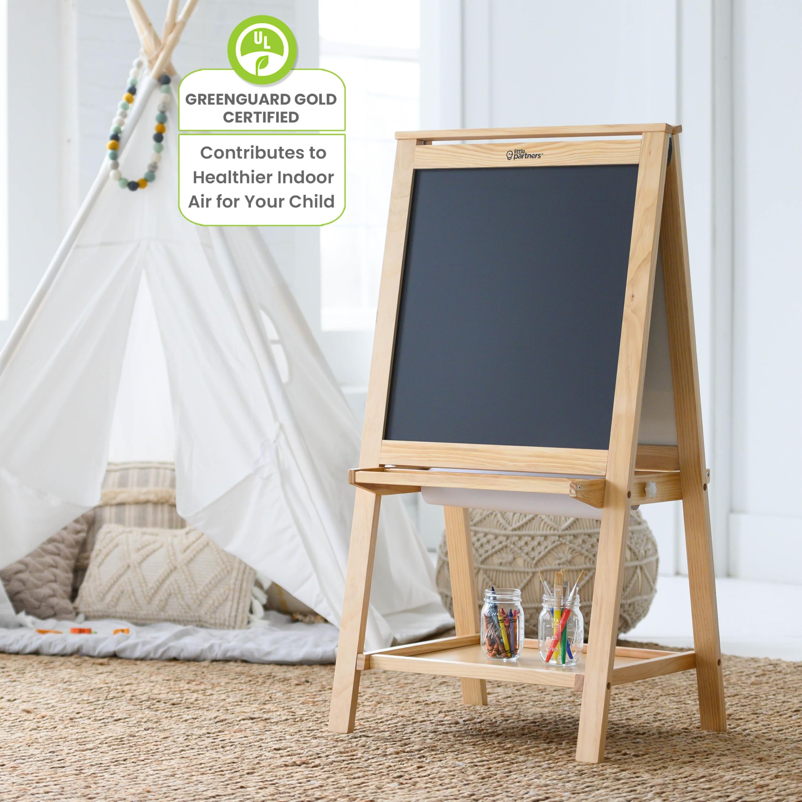 Little Partners Folding EZ Painting Easel for Kids, Dual-Sided Art Easel for Kids Art Station, Folds Flat with Chalkboard, Dry Erase Whiteboard, Paper, Eraser, Paint Cups, Shelf (Natural)