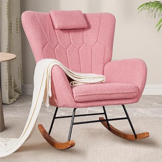 Rocking Chair Nursery with Thick Headrest, Modern Teddy Upholstered