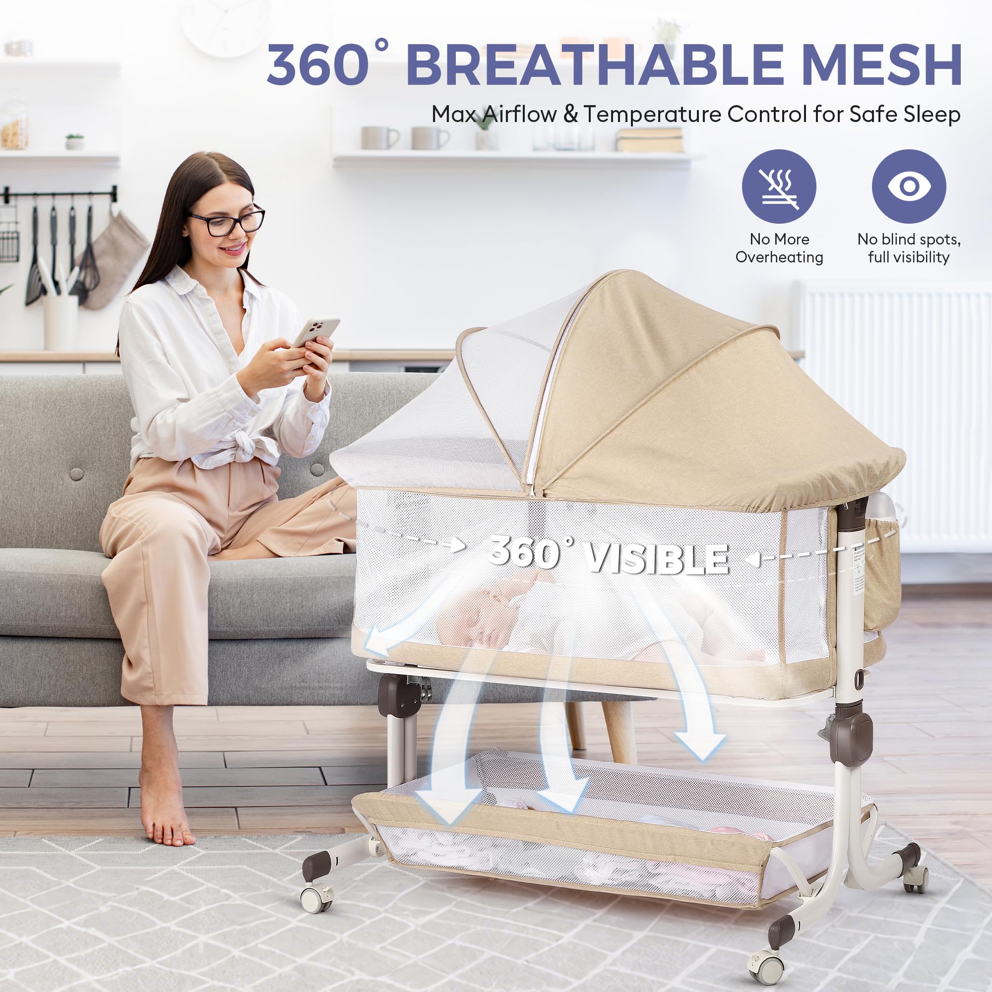 Bedside Bassinet with Mesh Sides and Height Adjustment