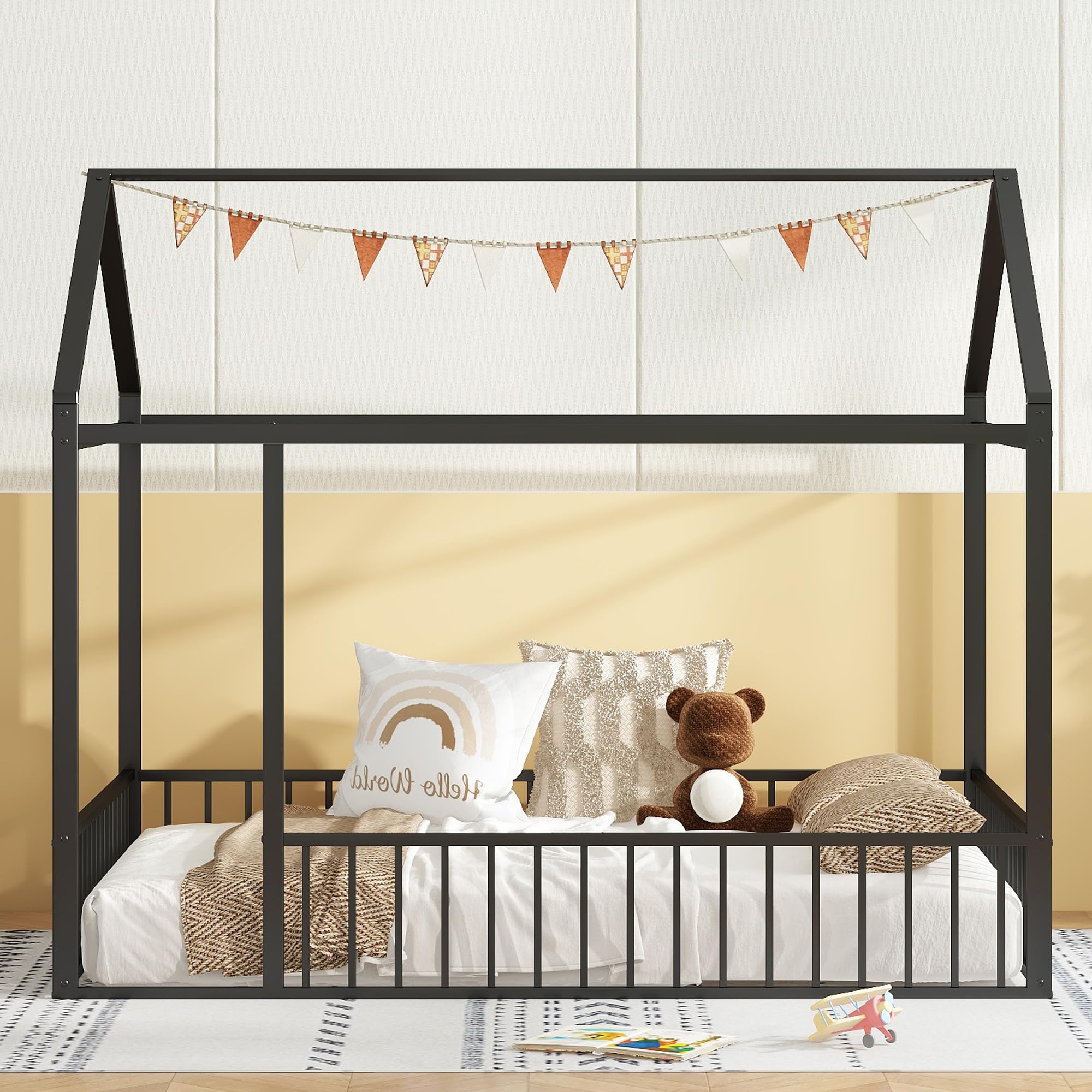 Twin Floor Bed Frame with Fence House Shaped Metal Montessori Bed