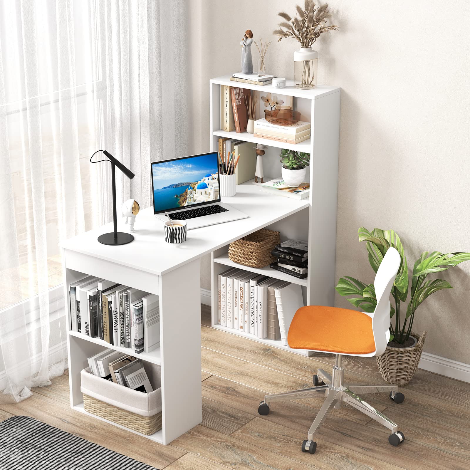 Computer Desk with Bookshelf, Reversible Study Writing Desk