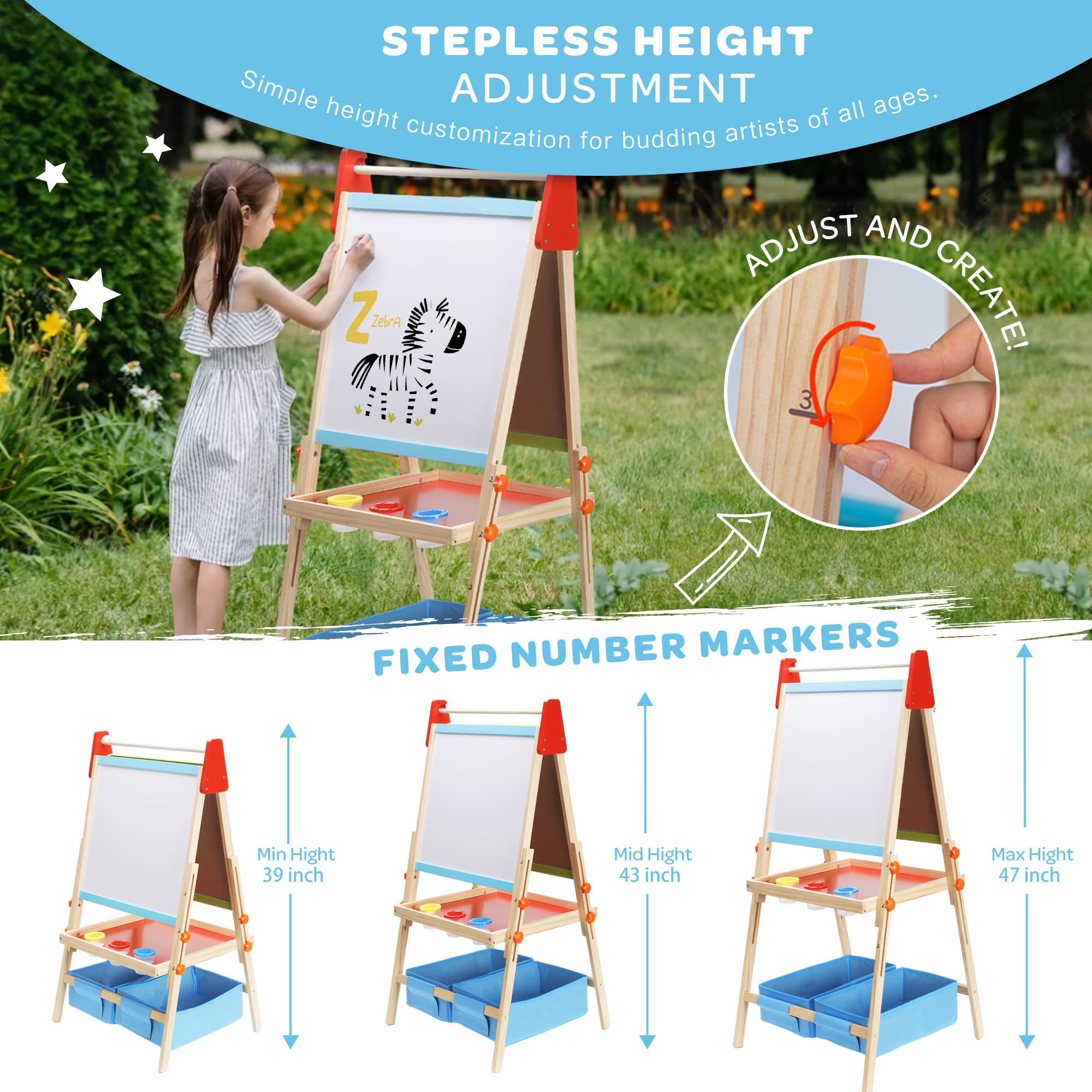 Bpmfkid 3 in 1 Adjustable Kids Art Drawing Easel Set-Sided Magnetic Whiteboard & Chalkboard with Painting Paper Roll - Versatile Art Station Gift for Toddlers, Kids and Childrens Ages 3+