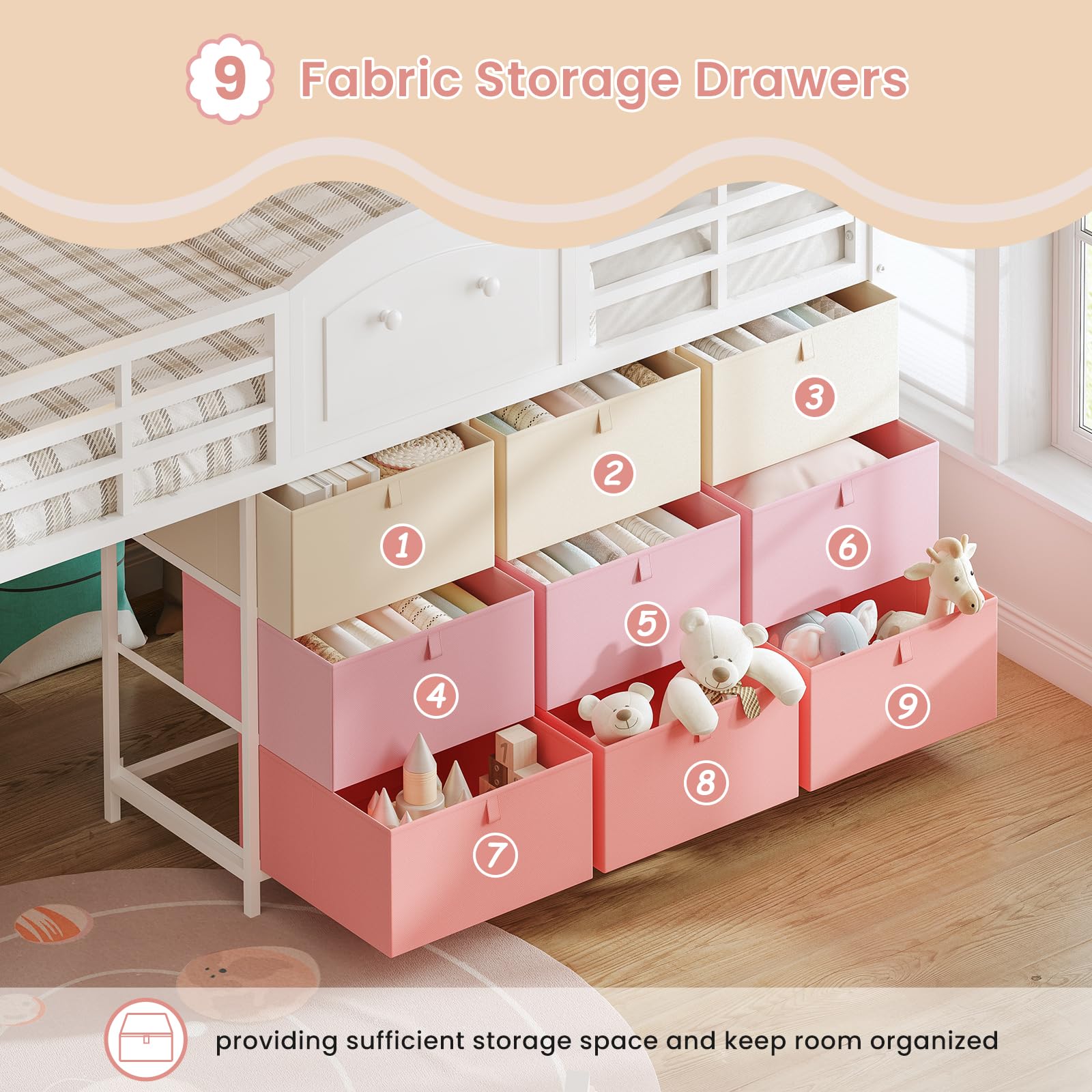 Low Loft Bed Twin with Storage Drawers and LED Lights