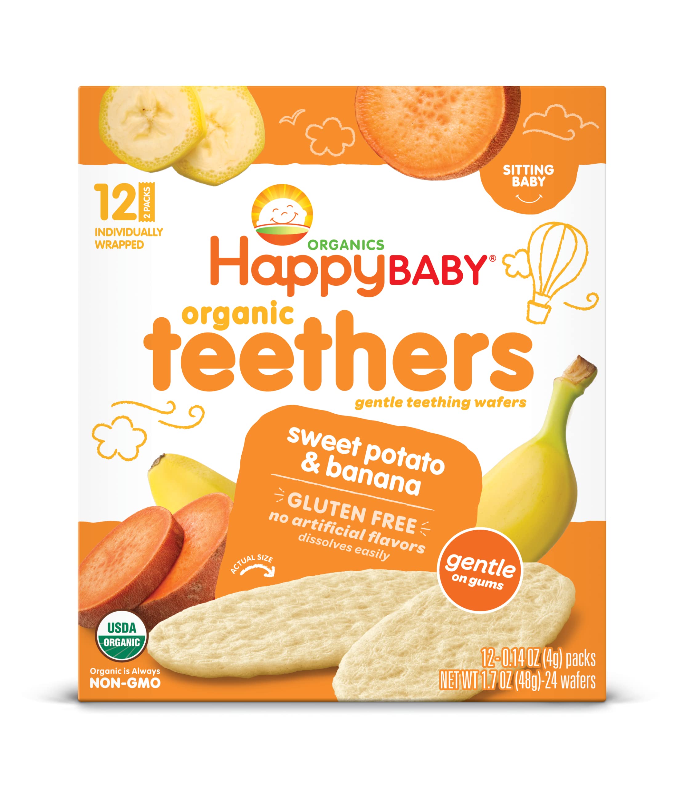 Happy Baby Organics Baby Snacks, Gentle Teething Wafers, Gluten Free & Vegan, Sweet Potato & Banana, 12 Count (Pack of 6)