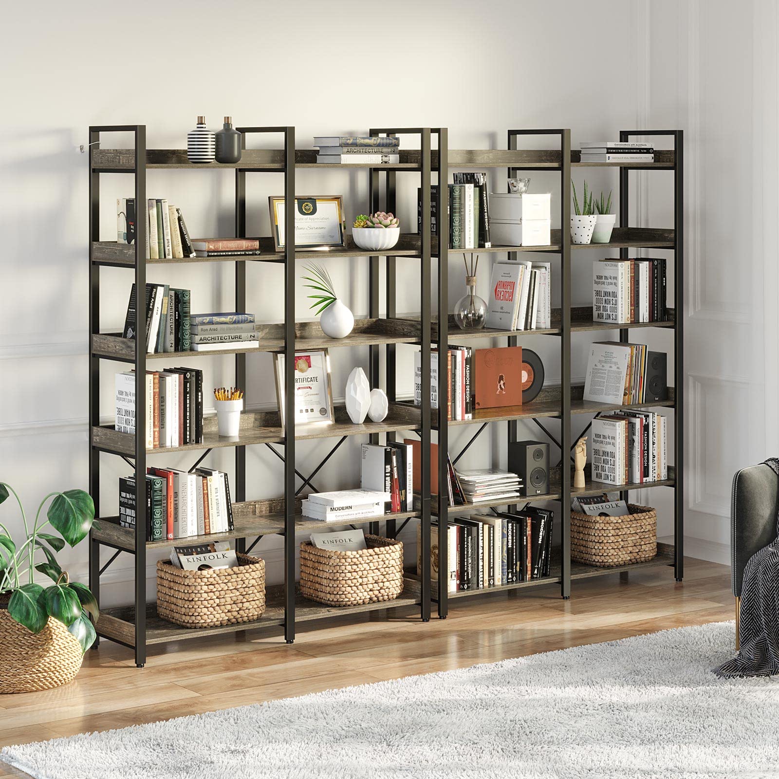 6-Tier Industrial Bookshelf with Hooks 67" Tall