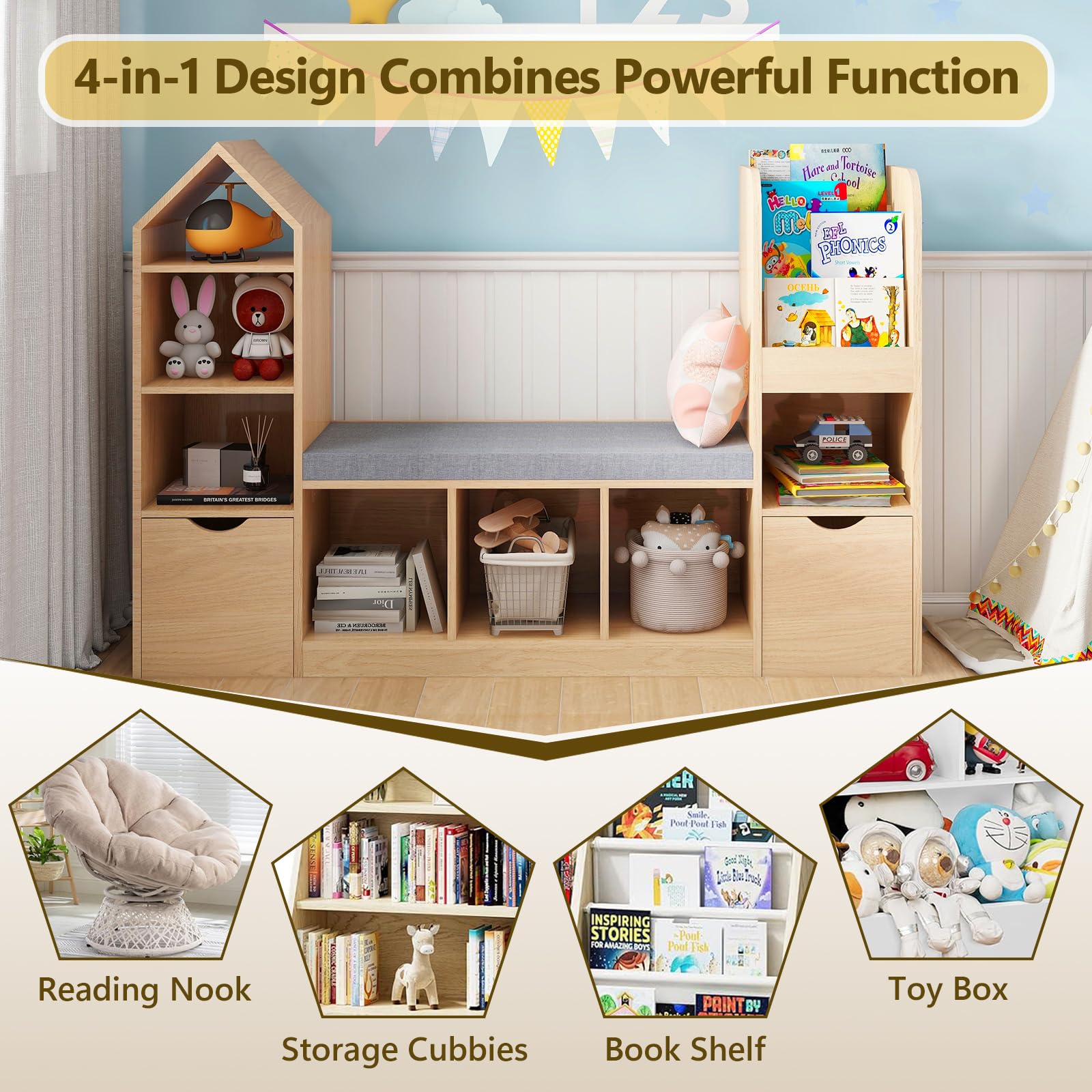Kids Bookcase with Reading Nook and Toy Storage Organizer