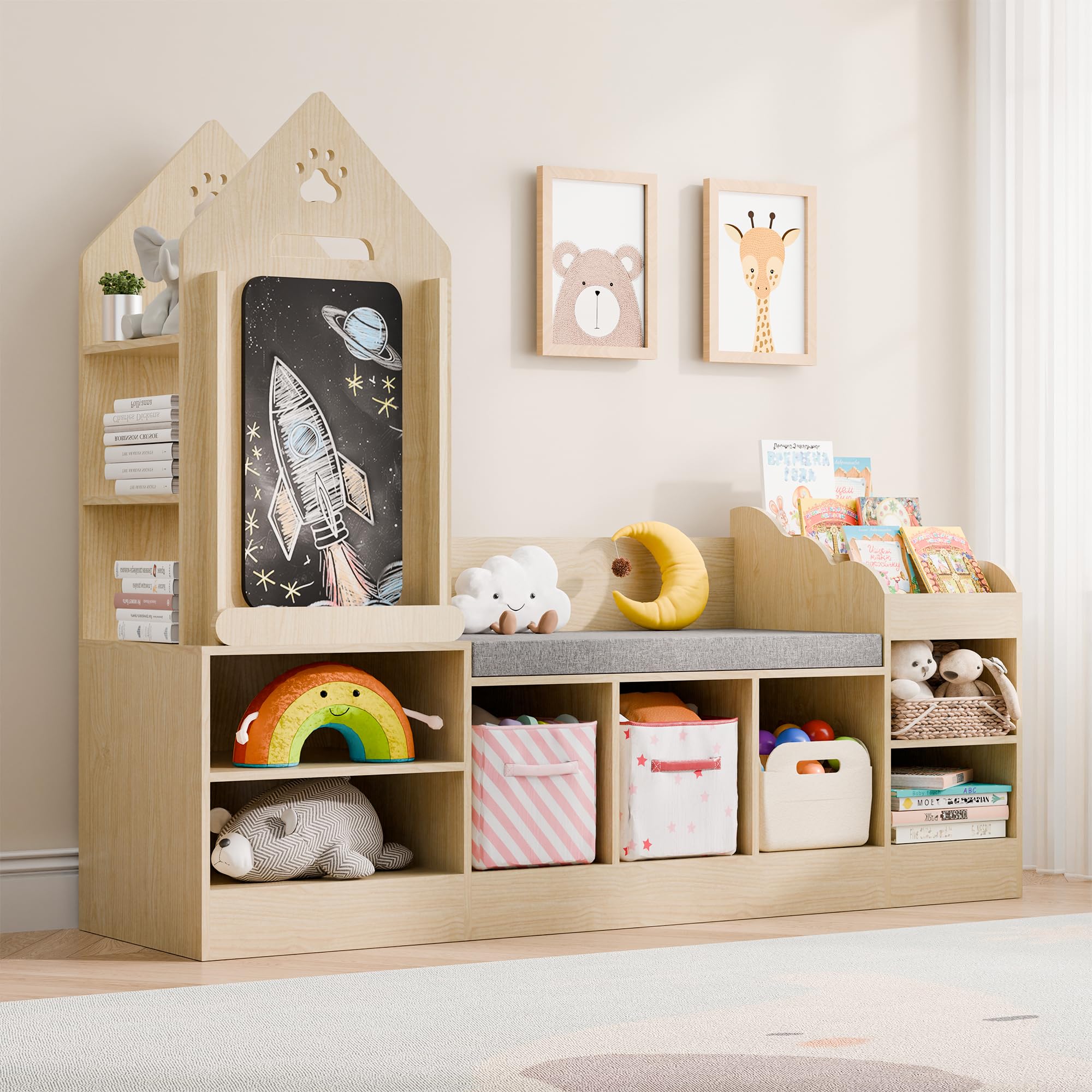 Kids Bookshelf with Reading Nook, Wooden Toy Storage Organizer