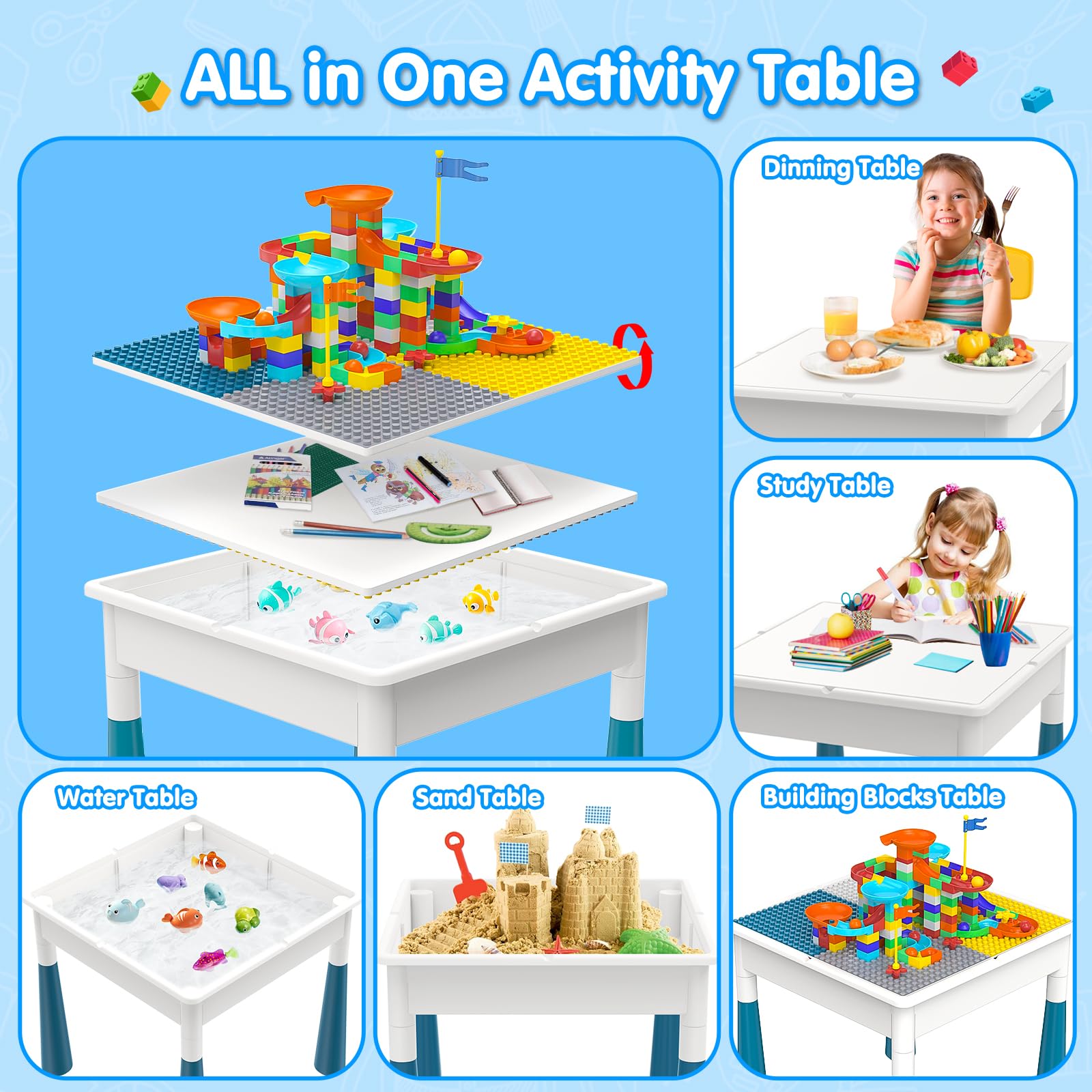 Kids Activity Table with Building Blocks and Chairs Set