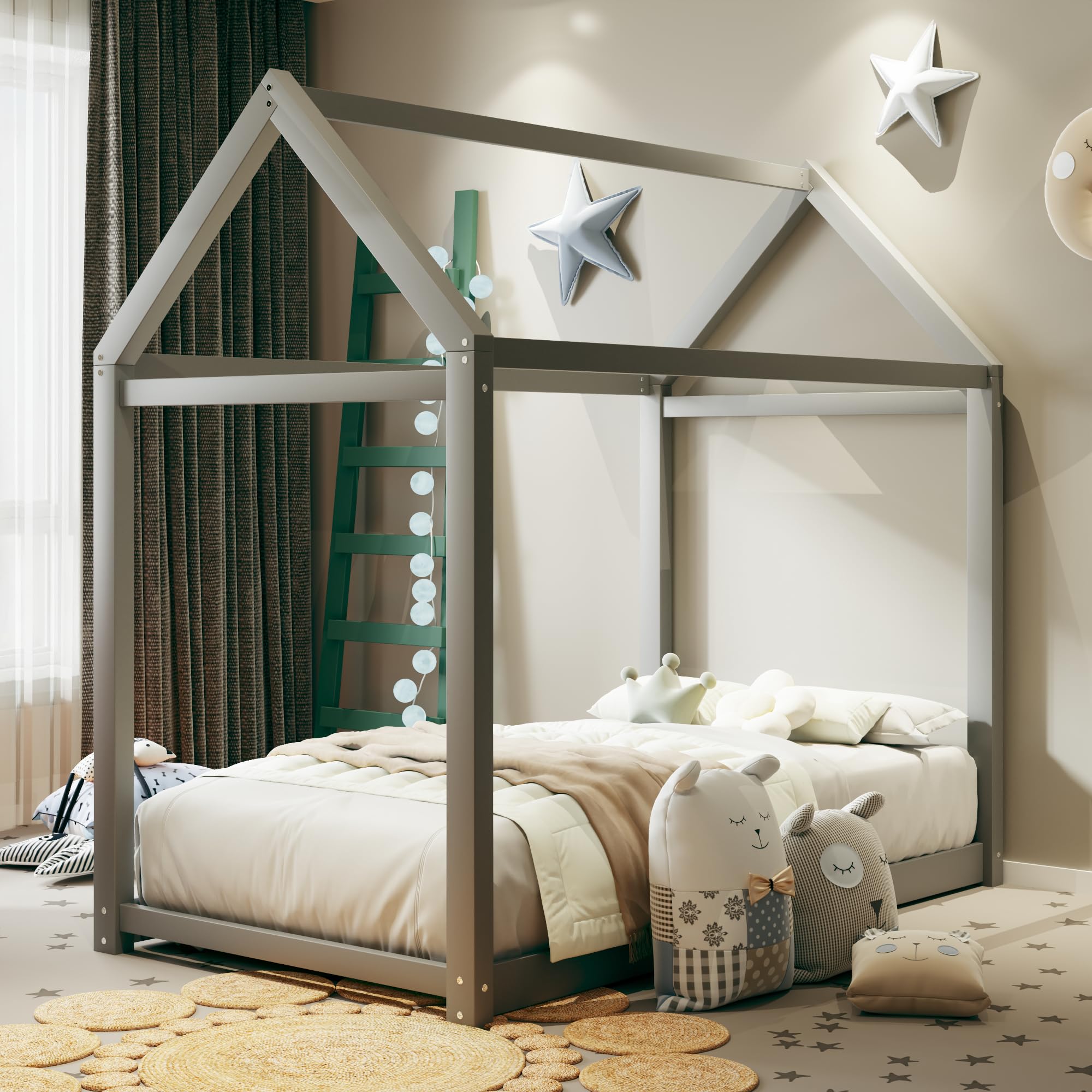Twin Size Wood House Bed Floor Frame with Slats