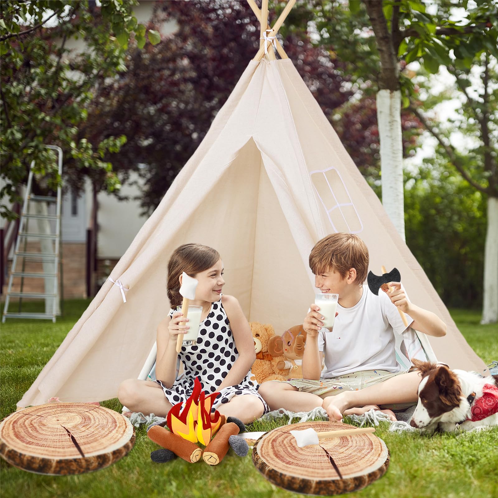 Kigley 26 Pcs Pretend Camping Play Set Includes Kids Teepee Tent Beige Indoor Play Tent Felt Campfire Toys Wood Print Throw Pillow Floor Cushion for Boys Girls Adults Dramatic Play Home Decorations