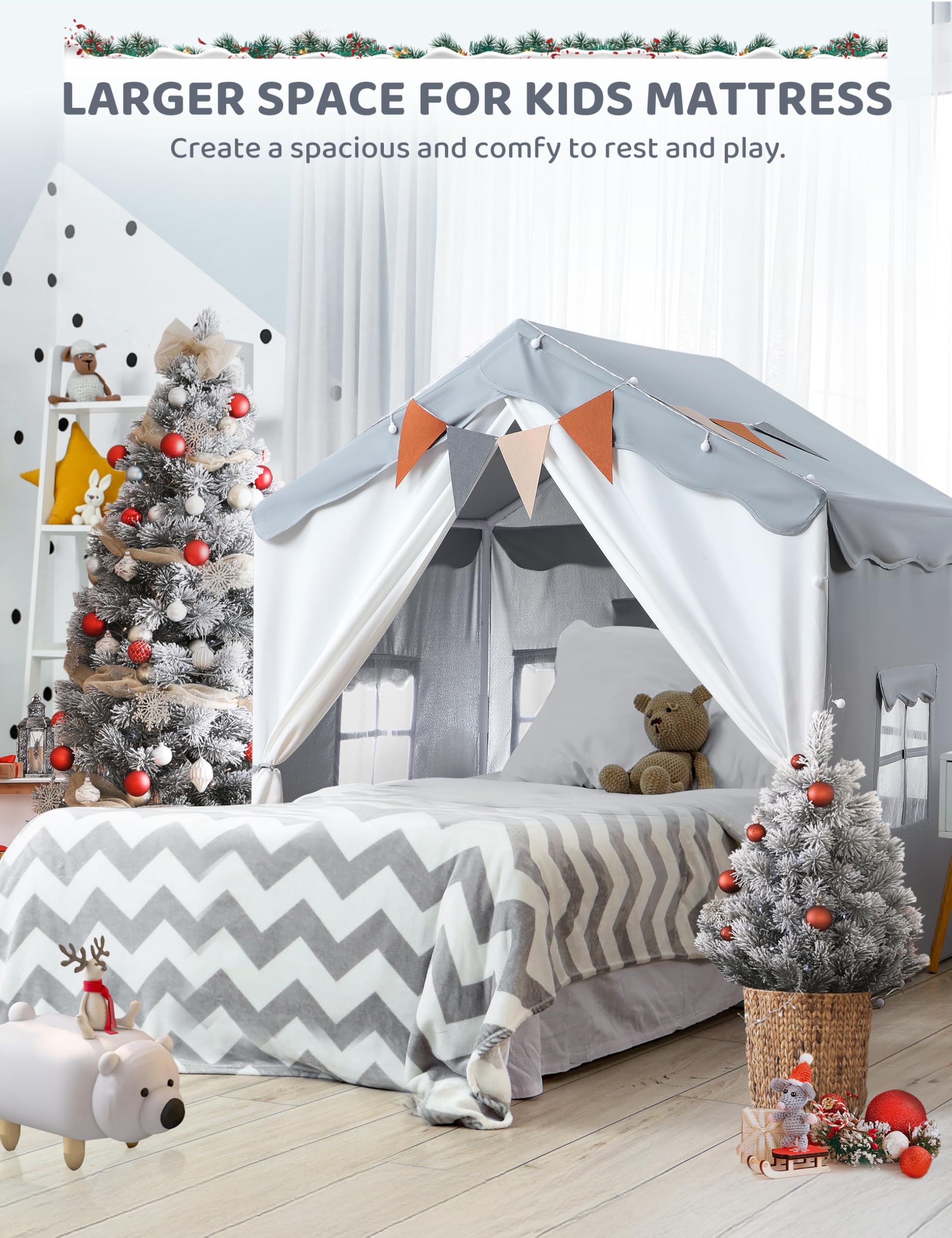 besrey Kids Tent, Kids Play Tent 2 in 1 with Padded Mat and Lights, Large Playhouse with 2 Doors & 4 Windows, Indoor & Outdoor, Halloween Toddler Playhouse, 51" x35" x 51" (Gray)