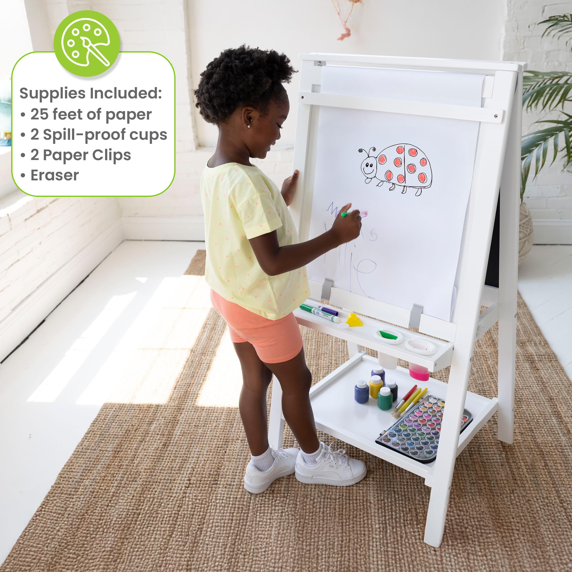 Little Partners Folding EZ Painting Easel for Kids, Dual-Sided Art Easel for Kids Art Station, Folds Flat with Chalkboard, Dry Erase Whiteboard, Paper, Eraser, Paint Cups, Shelf (Soft White)