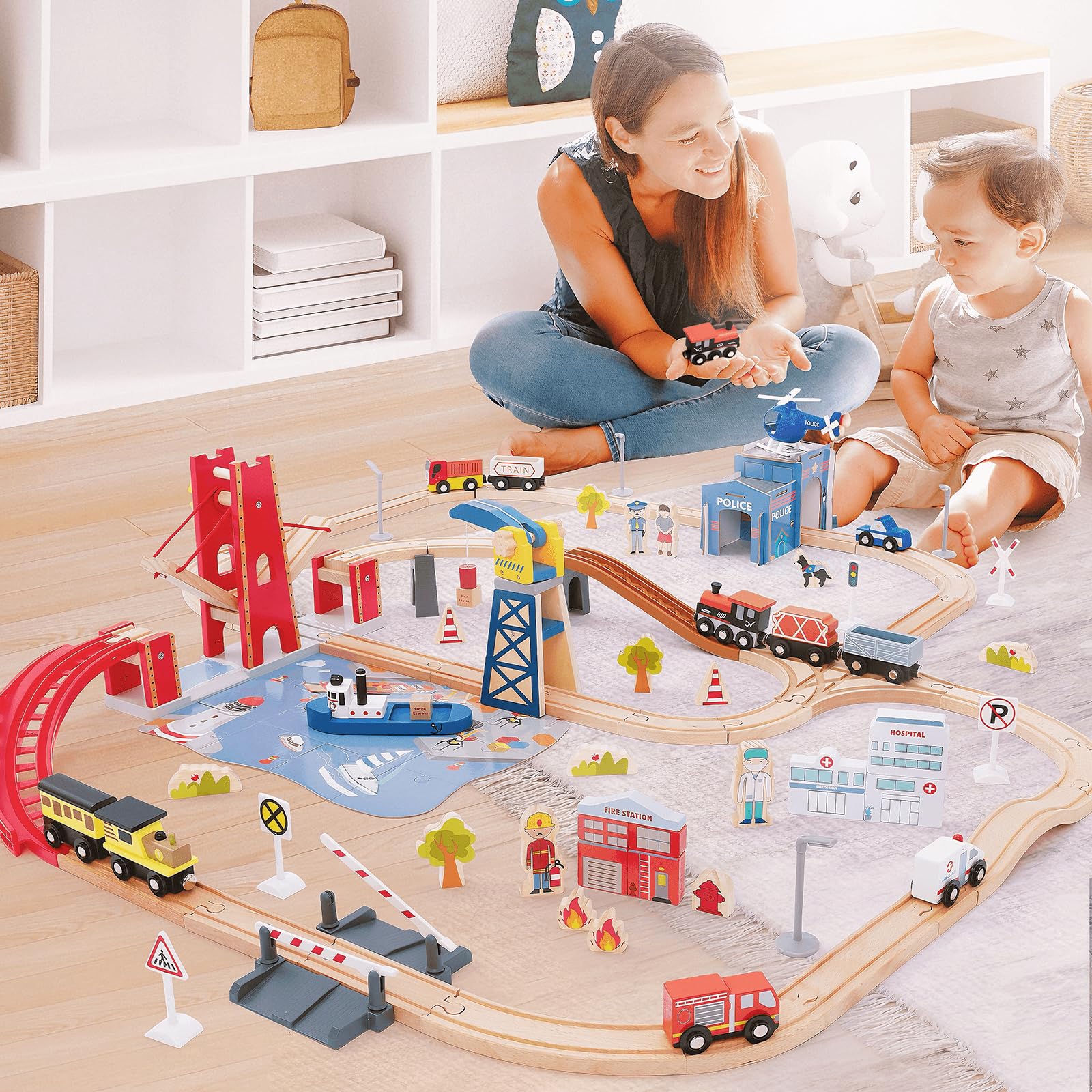 117 Pcs Busy Port City Train Set for Kids- Expandable & Changeable Wooden Train Track Set