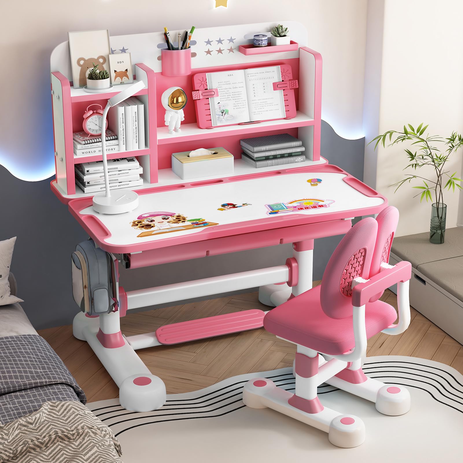 Height Adjustable Kids Desk and Chair Set with Storage