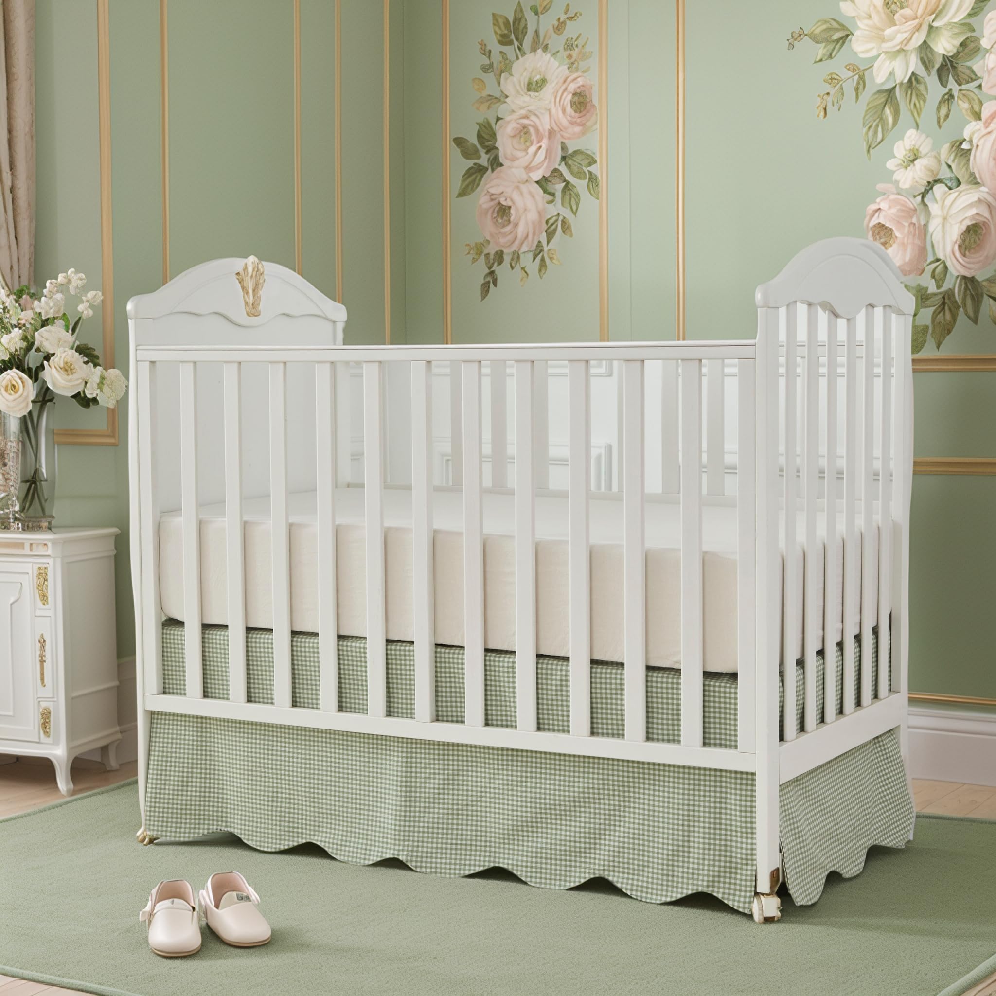 Brandream Scallop Edge Cotton Crib Skirt, Baby Boy, Baby Girl, Gender Neutral Crib Skirt Toddler Bedskirt Farmhouse Chic Nursery Crib Bed Skirt, Boho Bohemian Solid Green Gingham