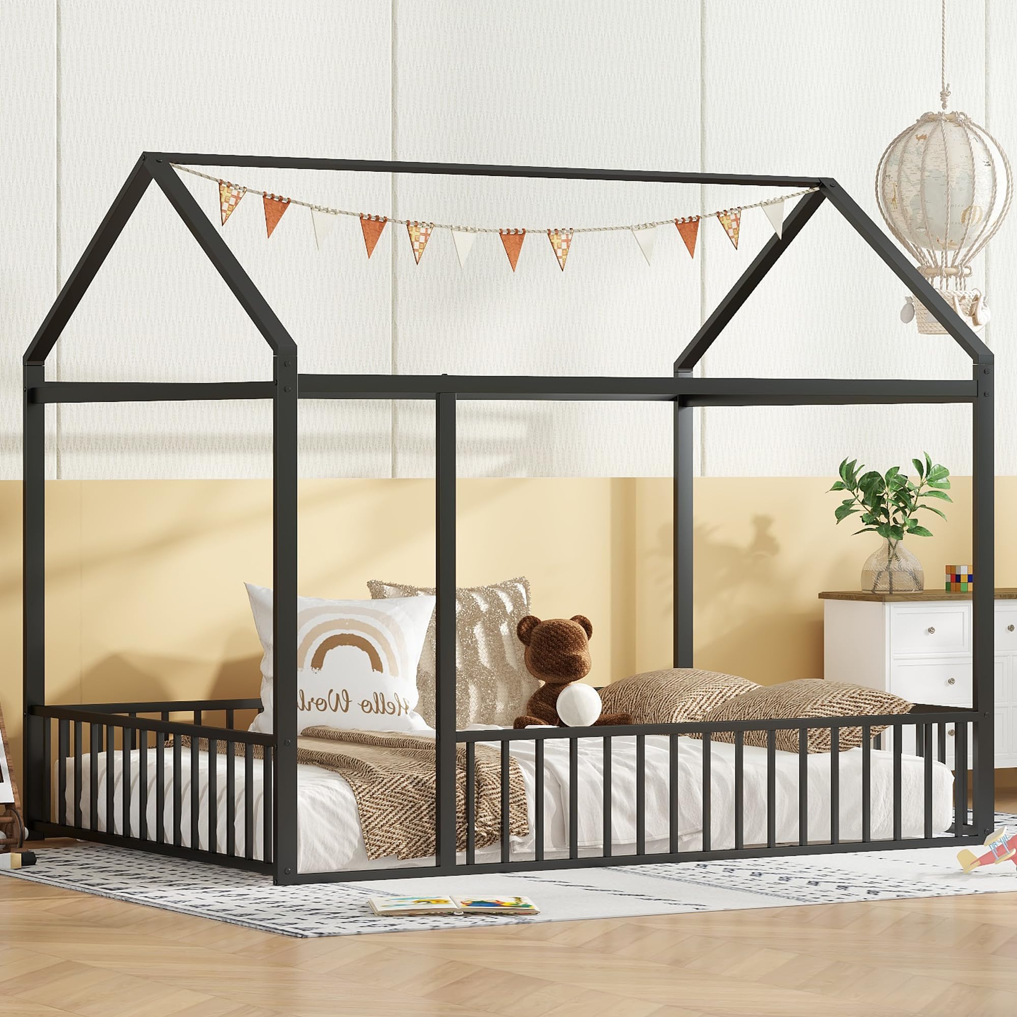 Twin Floor Bed Frame with Fence House Shaped Metal Montessori Bed