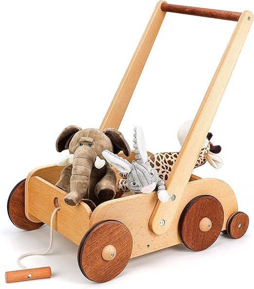 Wooden Baby Walker, Adjustable Speed Anti-Rollover Push Walker Toy for Babies