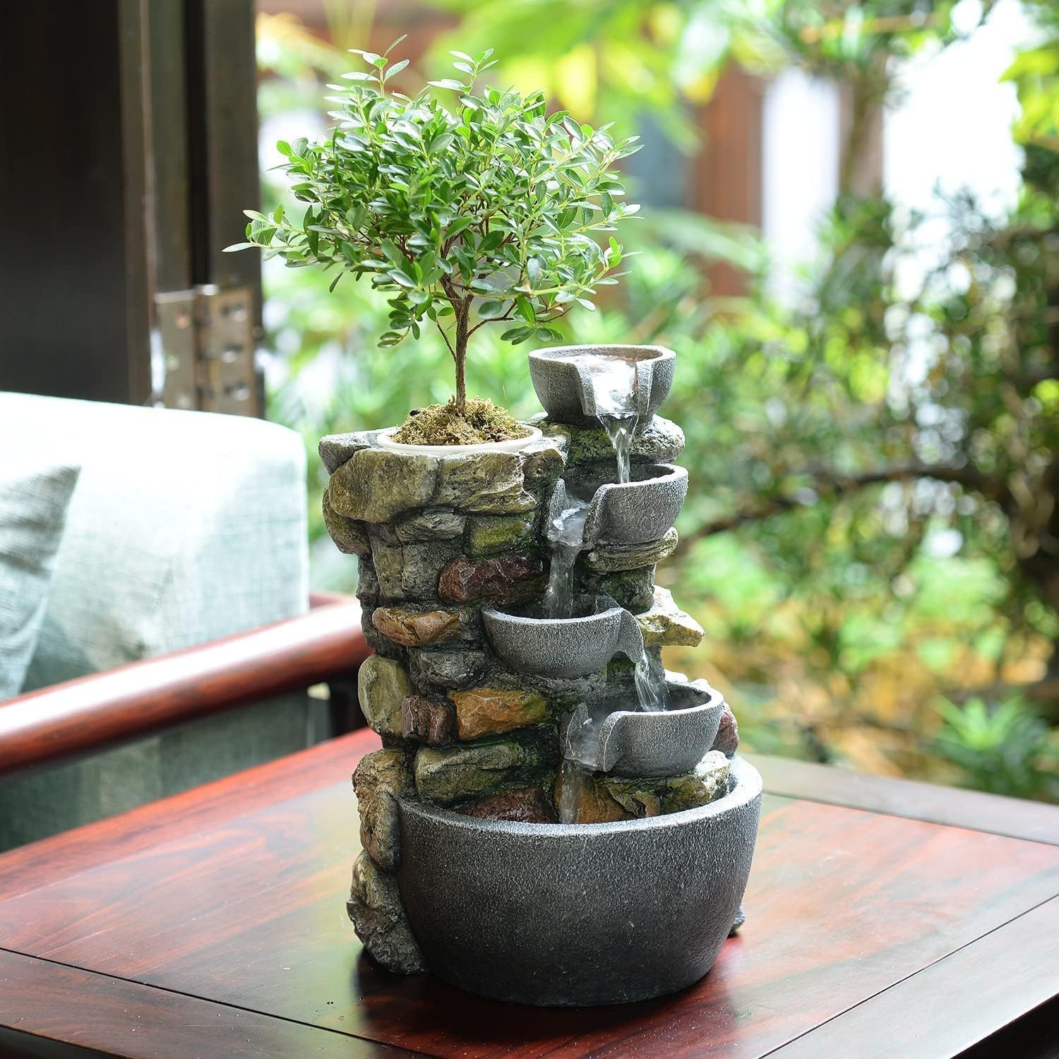 Indoor Tabletop Fountain with LED Lights and Plant Pot