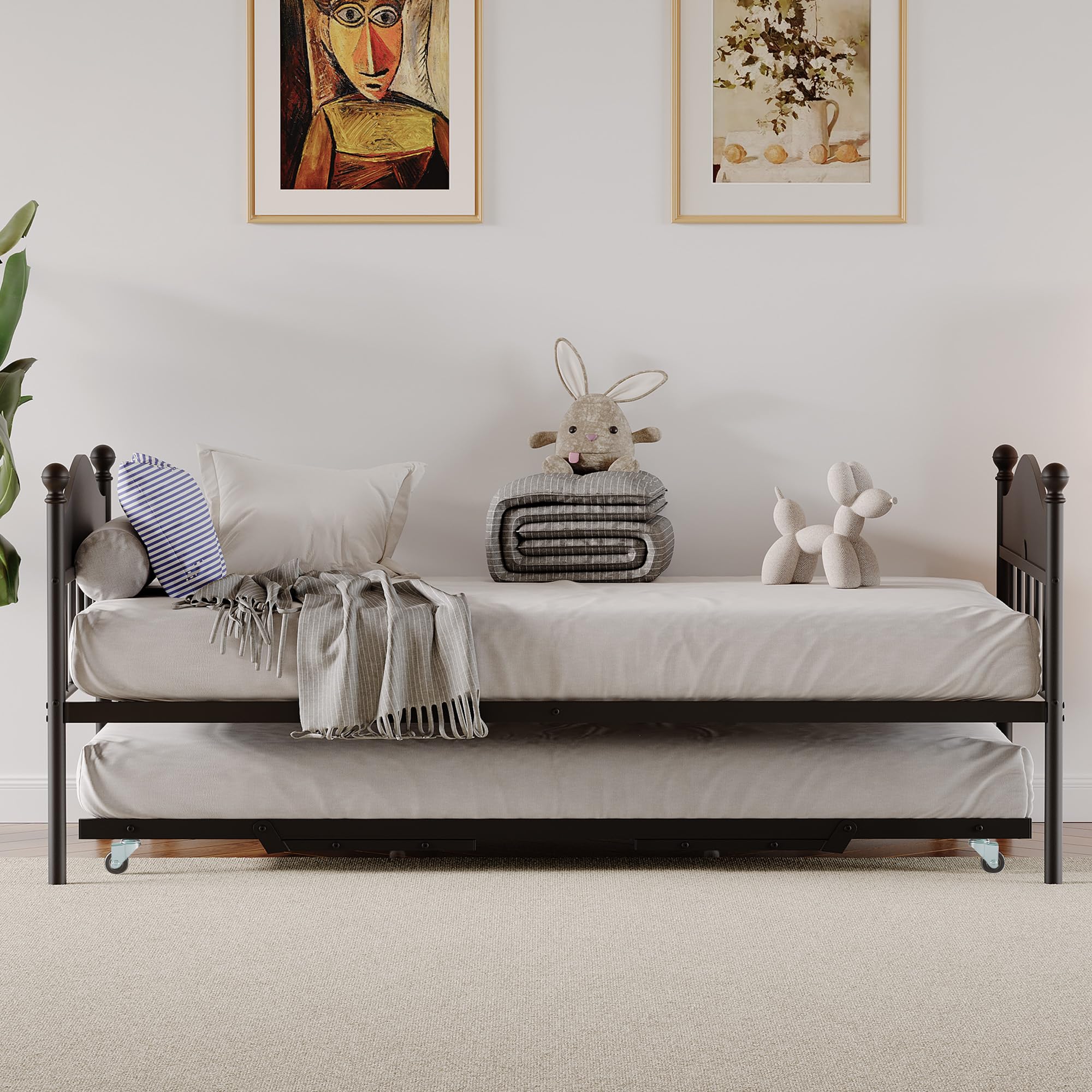 Daybed with Trundle, Metal Twin Size Day Bed with Stylish