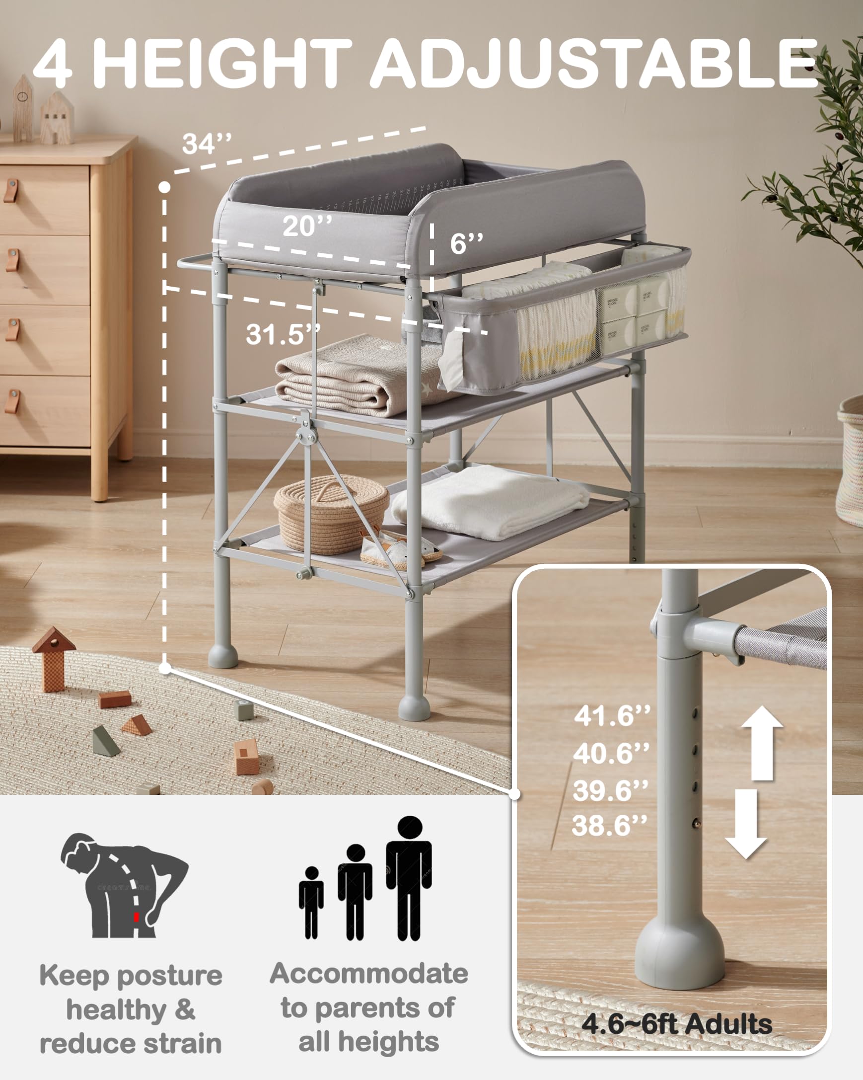 Height-Adjustable Portable Baby Changing Table with Storage
