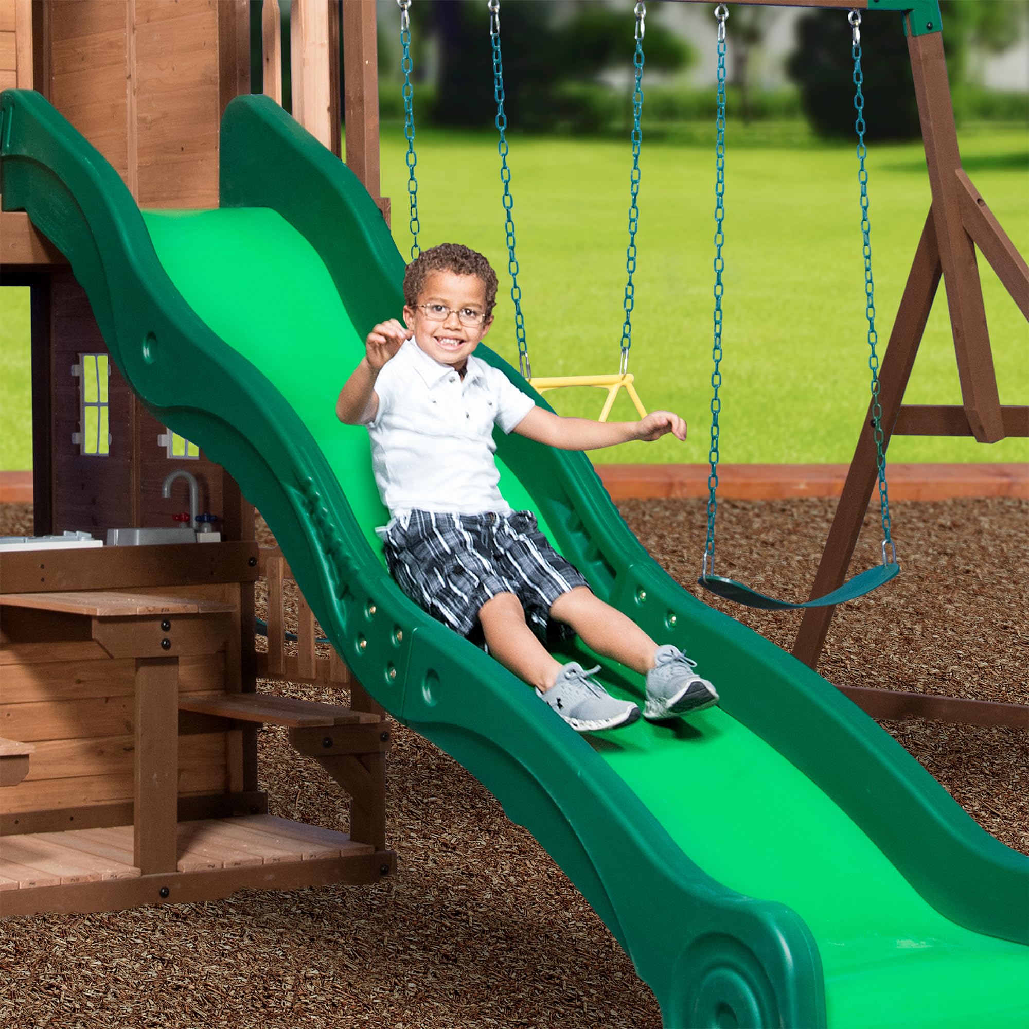 Cedar Wood Swing Set with Clubhouse and Wave Slide
