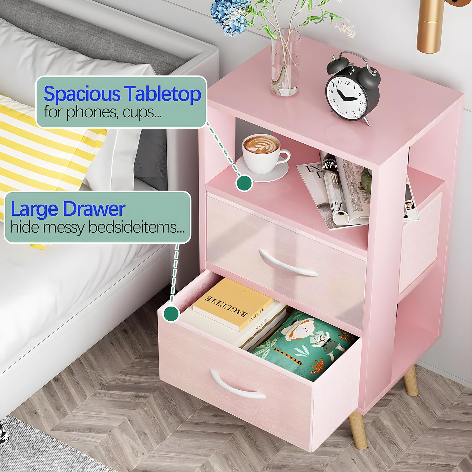 Night Stand, Pink Kids Nightstand with 2 Drawers, Nursery Side