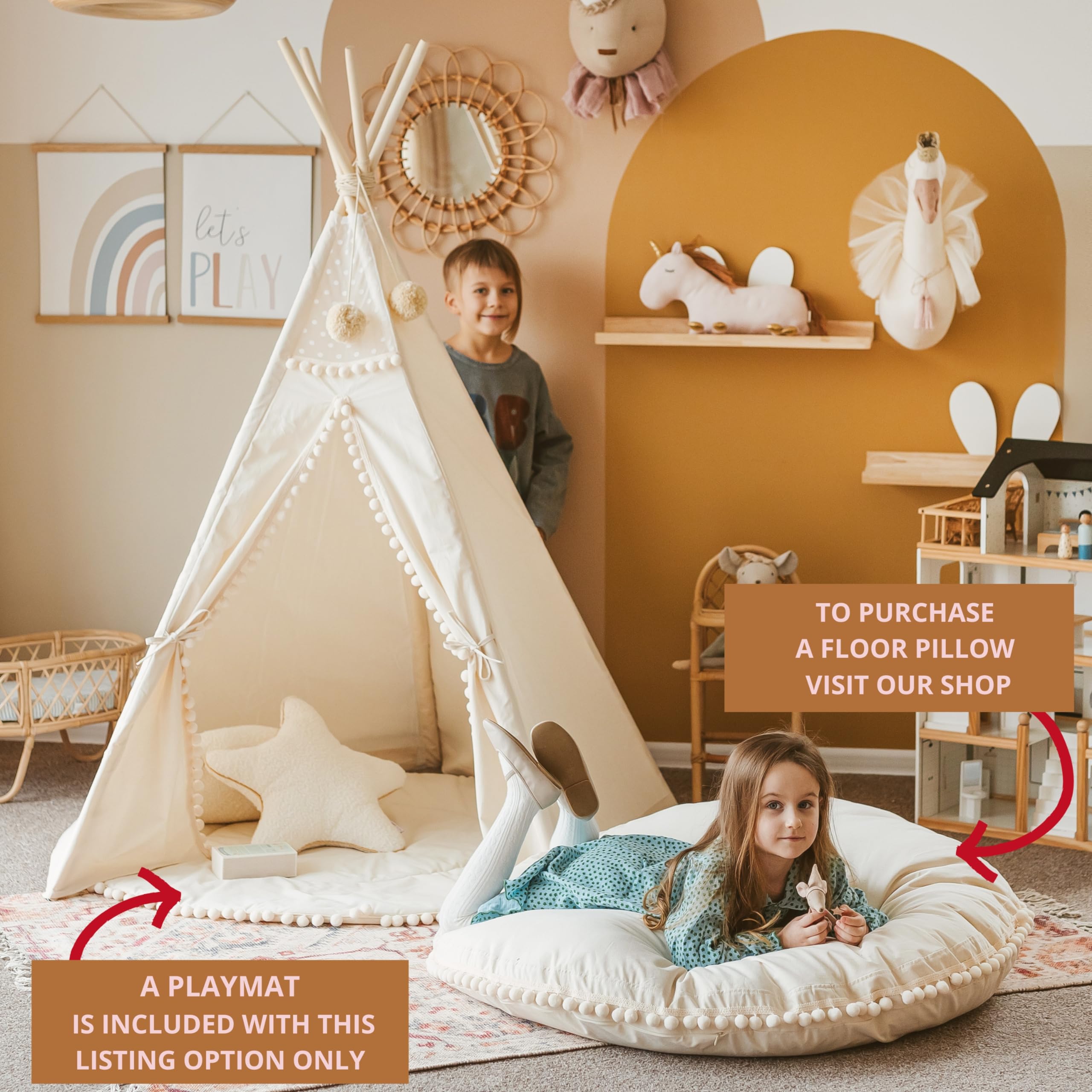 MINICAMP Original Teepee Tent for Kids - Play Tent for Girls & Boys - Natural Canvas Kids Indoor Tent for Toddlers 3-5 - Extra-Stable Children's Sleepover Tipi with Padded Mat Included - Pompom Decor