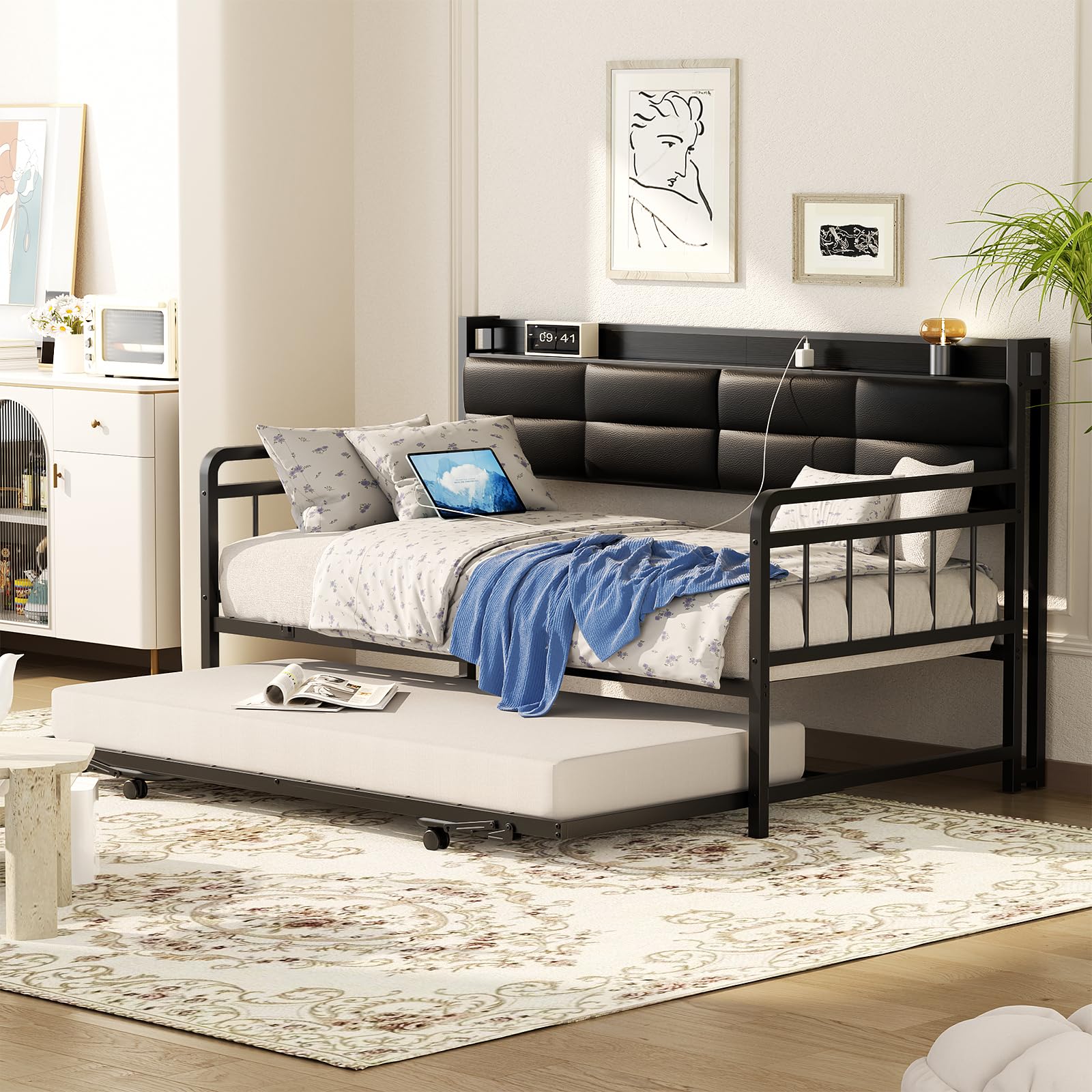 Daybed with Trundle, Twin Day Bed with Upholstered