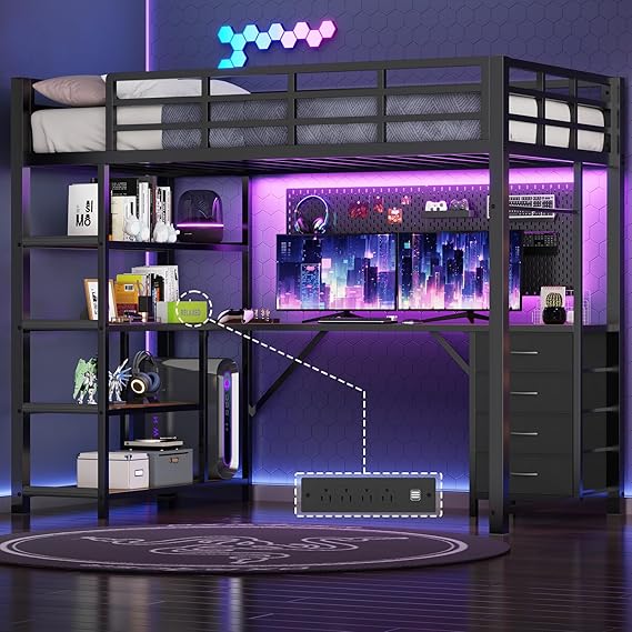 Loft Bed Twin Size with L Shape Desk,4 Drawers,3-Tier Storage Shelves Metal