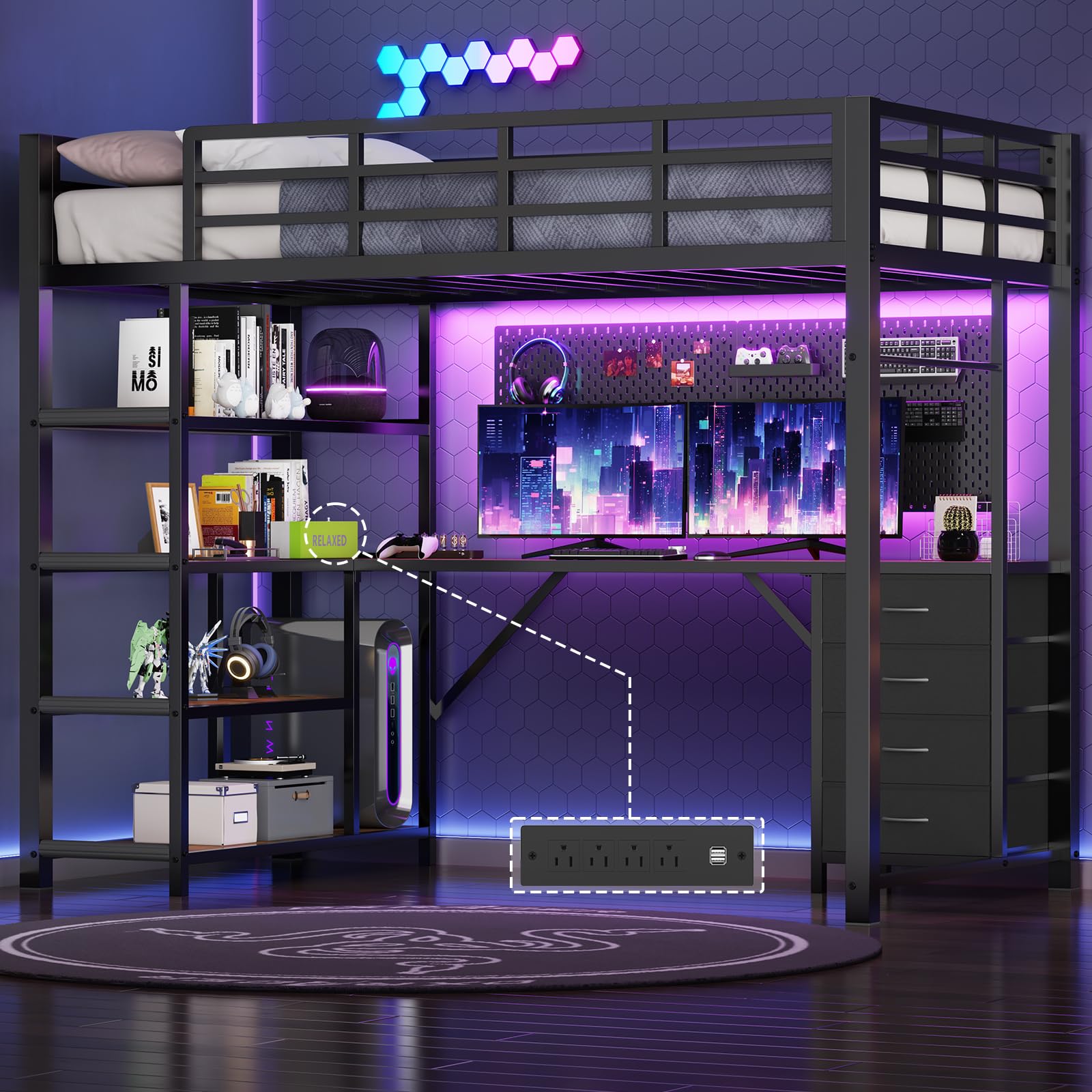 Twin Loft Bed with L-Shaped Desk and Storage