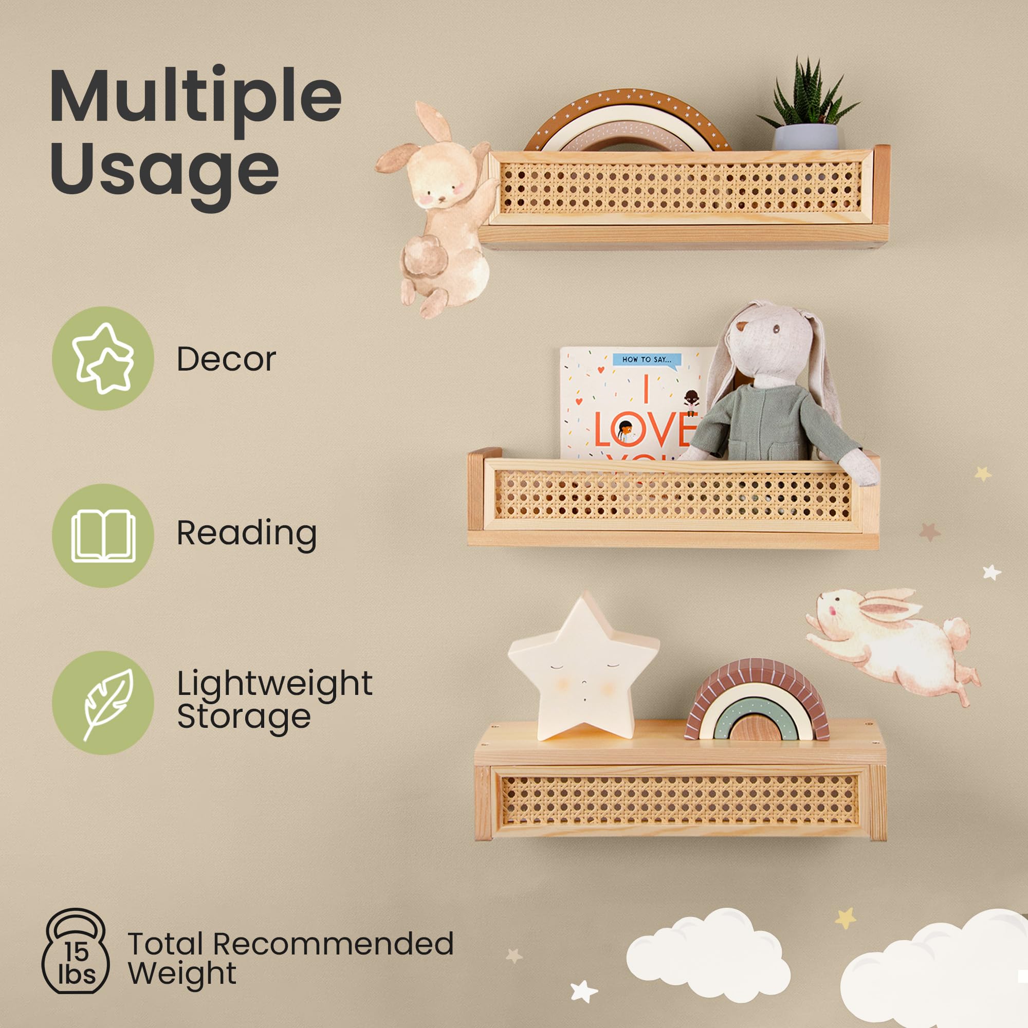 Rattan Wall Shelf 3-Pack Floating Bookshelf for Nursery