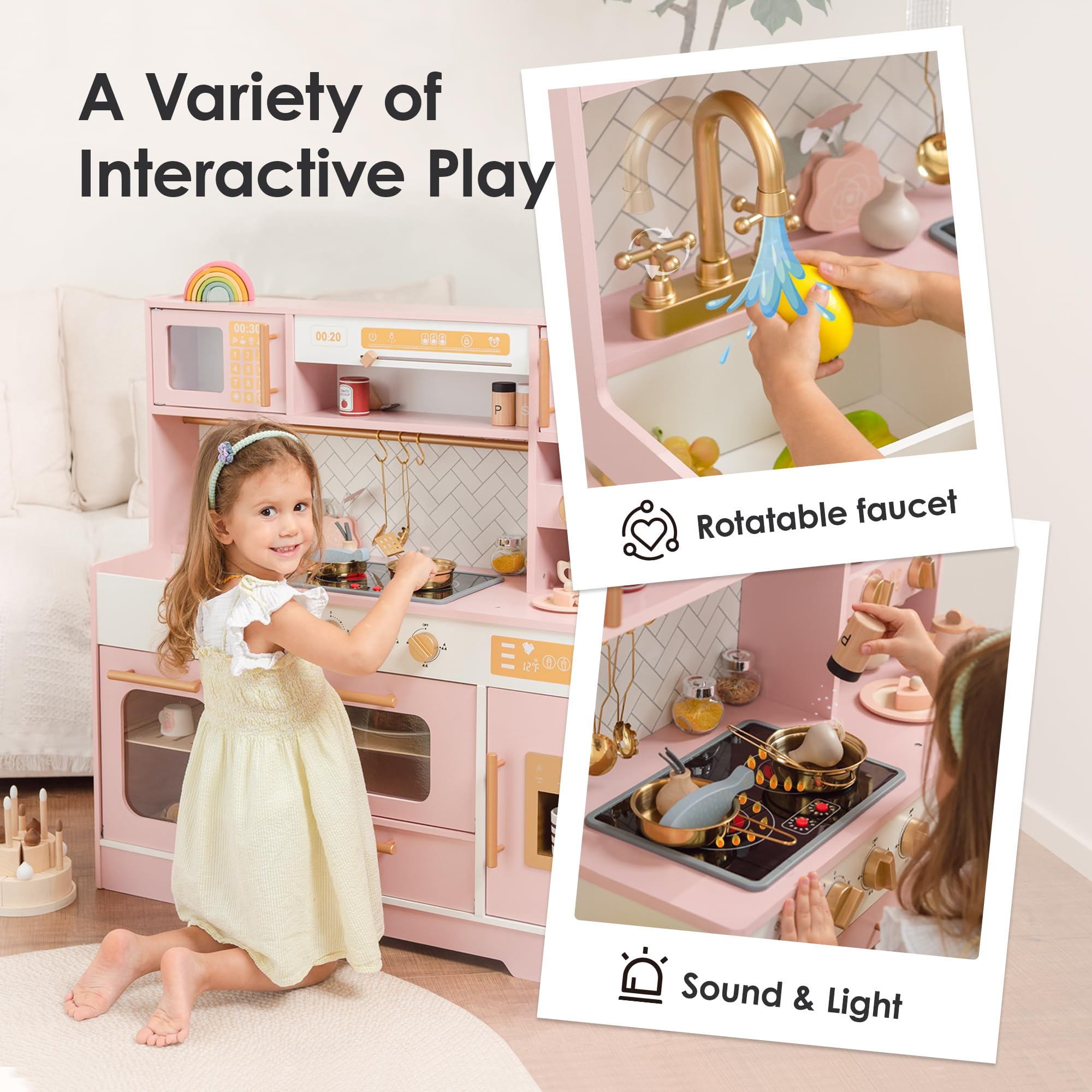 Wooden Play Kitchen Set with Lights and Sounds