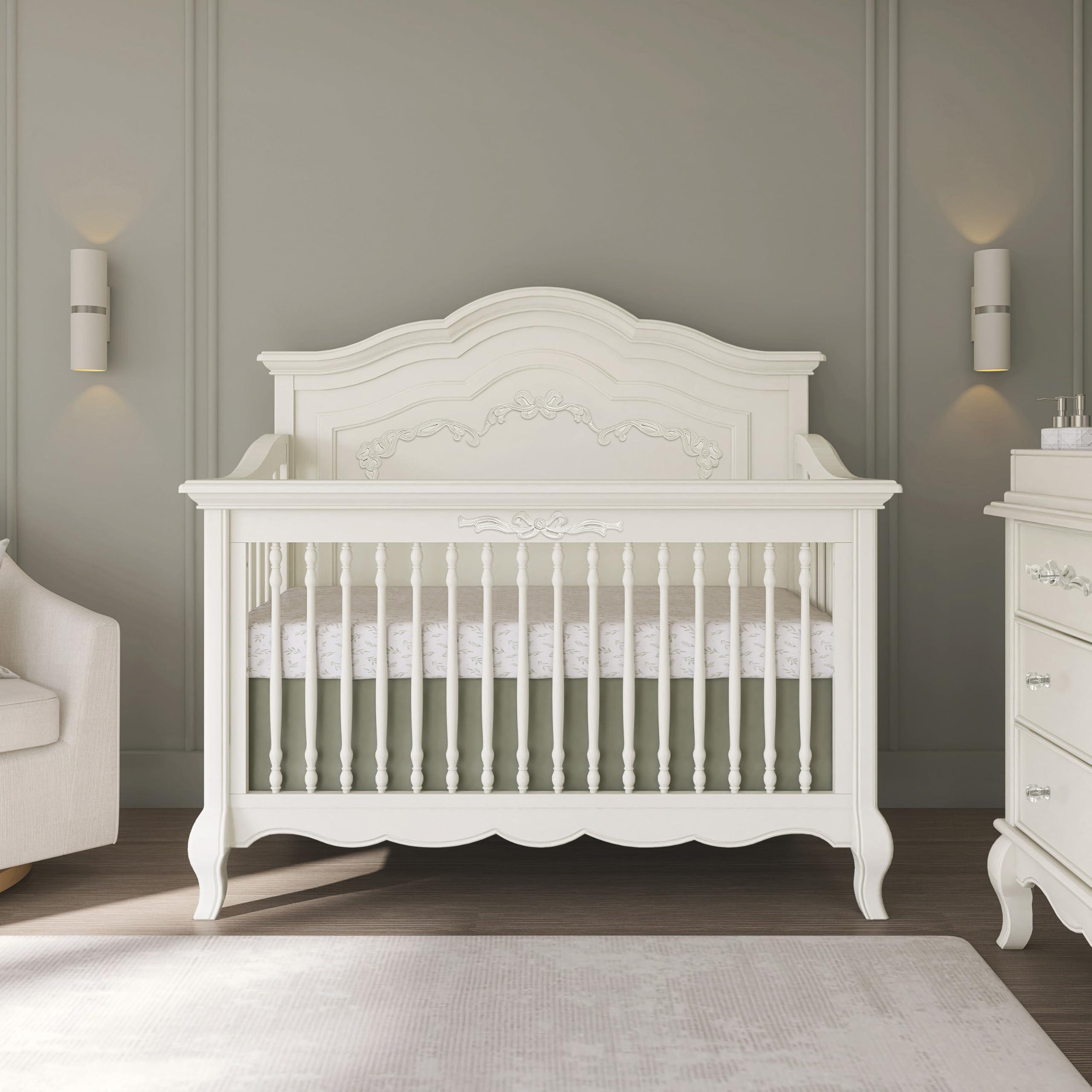 5-in-1 Convertible Baby Crib Ivory Lace