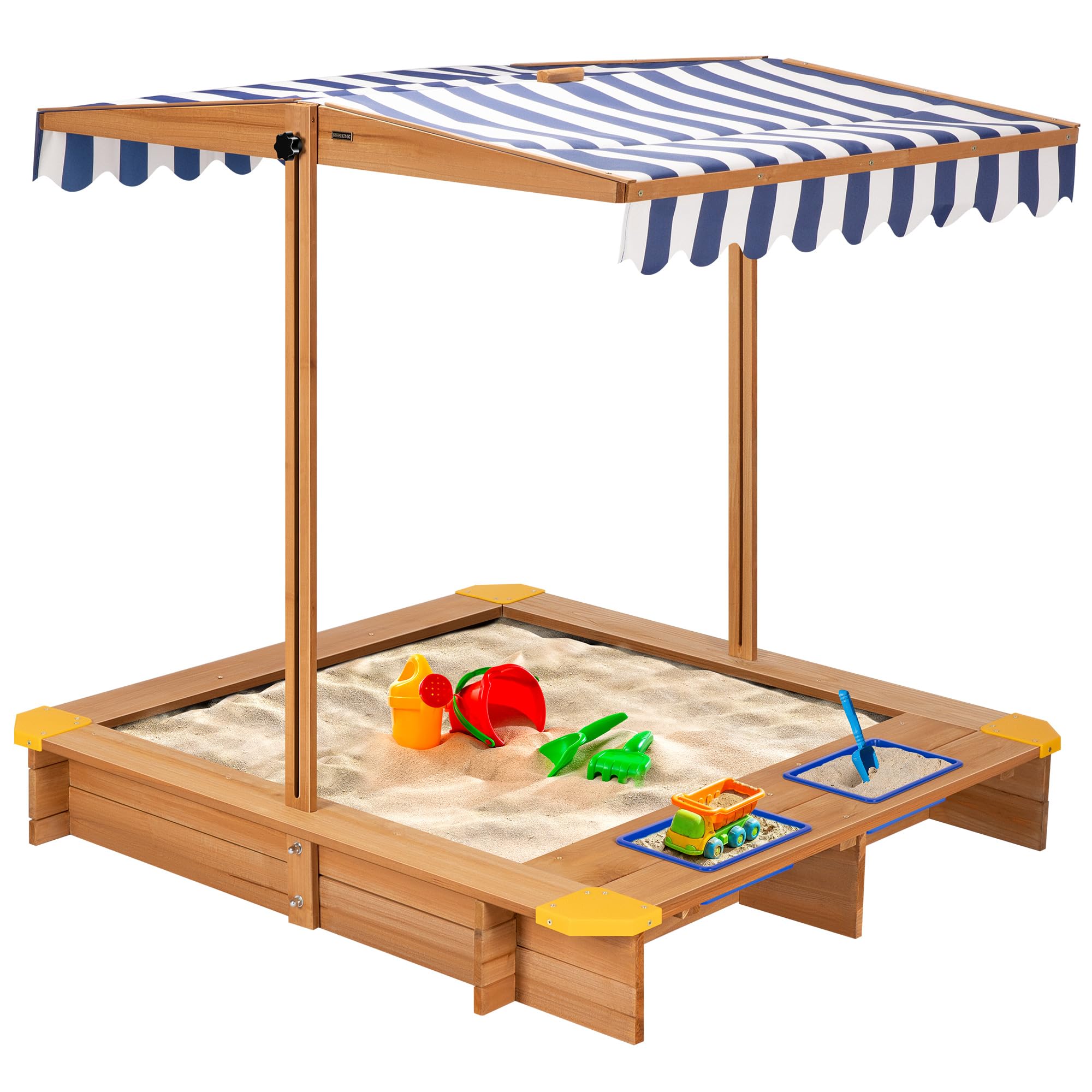 47.6 Inch x 46.5 Inch Wooden Sandbox with 2 Plastic Side Containers