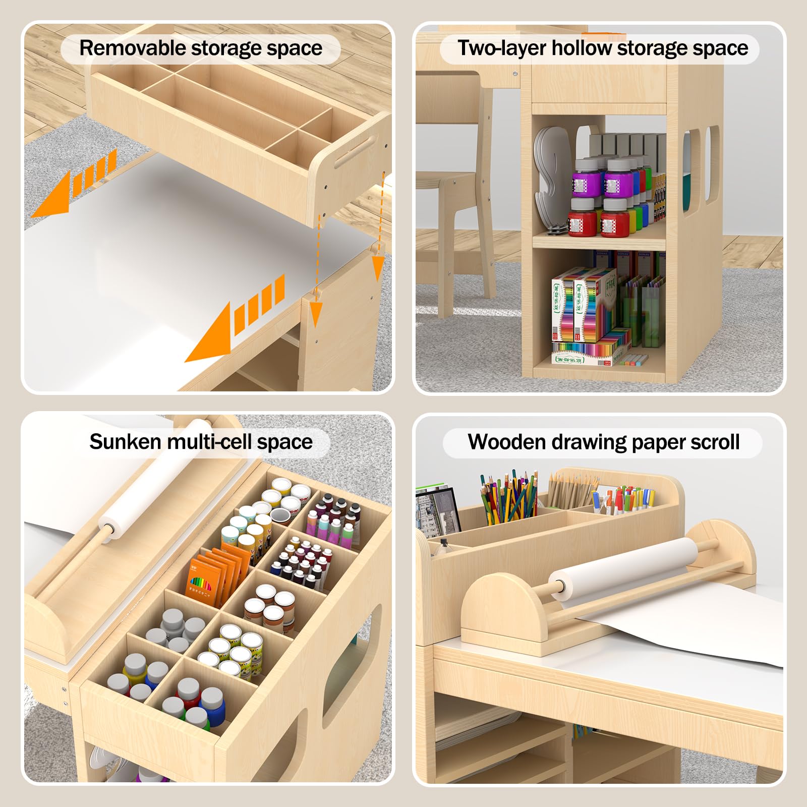 Kids Art Table and Chair Set with Storage and Paper Roll Rack