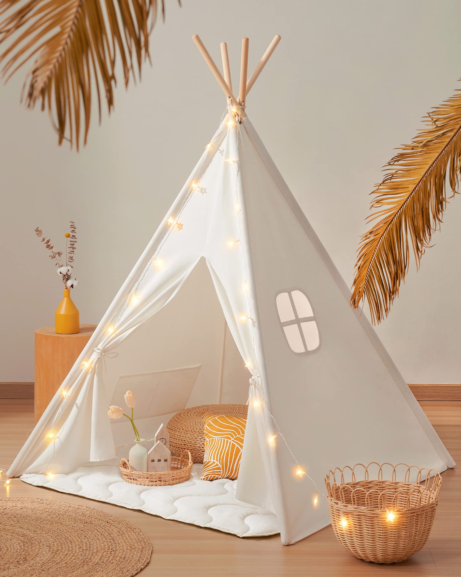 Teepee Tent for Kids – 100% Cotton Play Tent with Padded Mat & Star Lights, Foldable