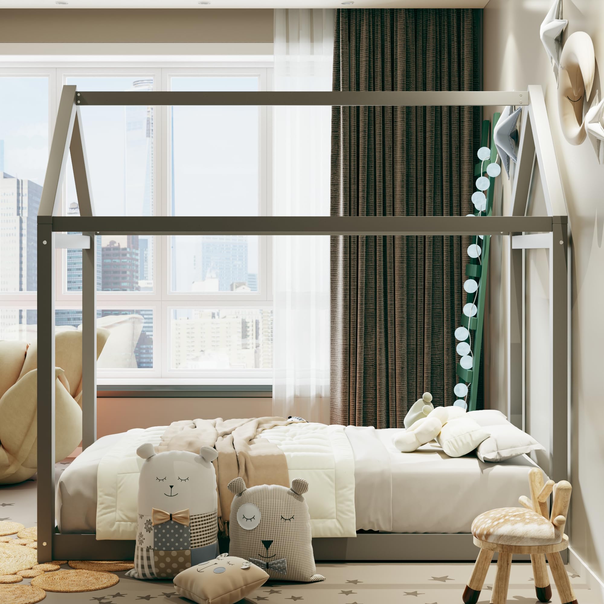 Wood House Bed,Floor Bed with Wood Slats,No Box Spring Needed