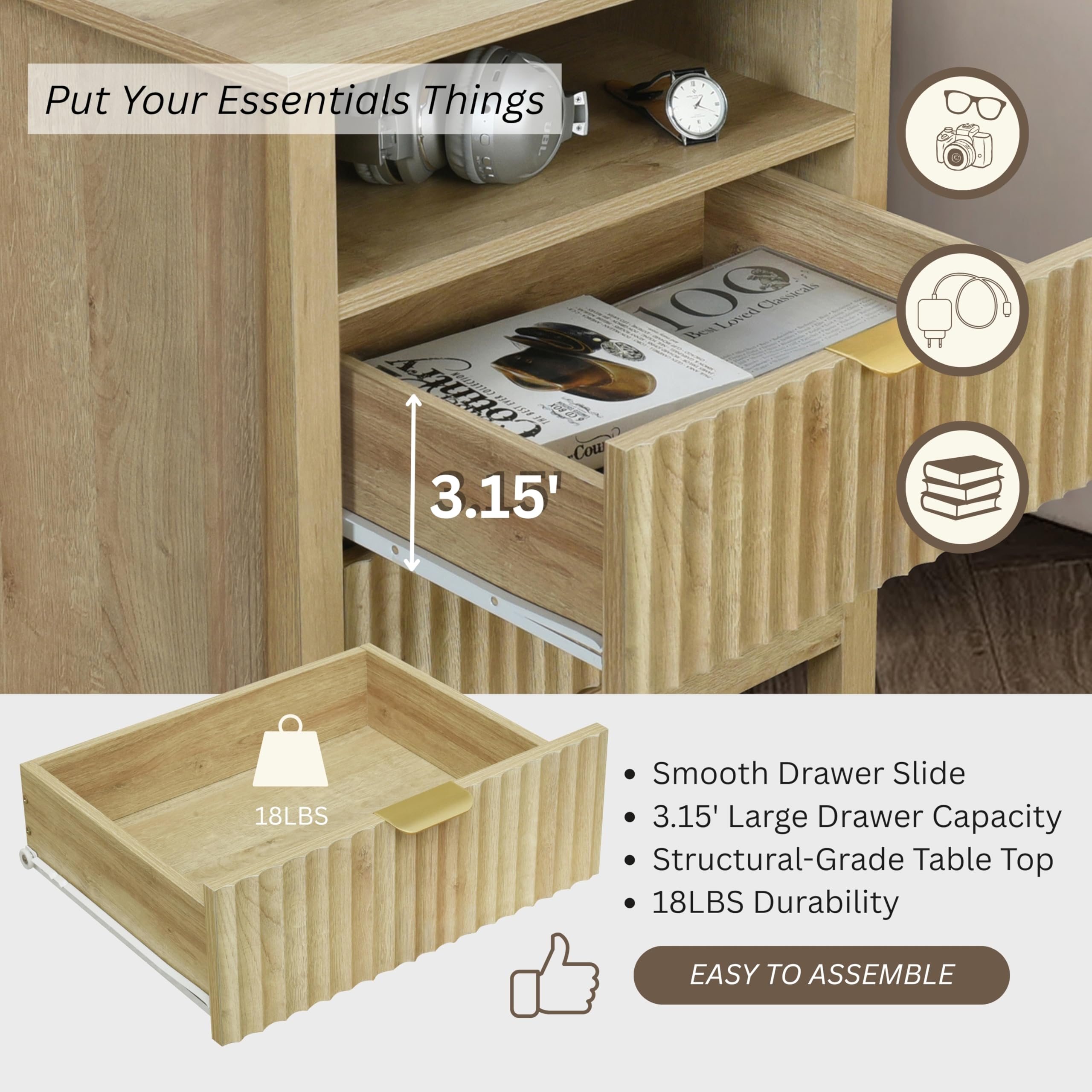 Fluted 2-Drawer Nightstand Set of 2 with Storage