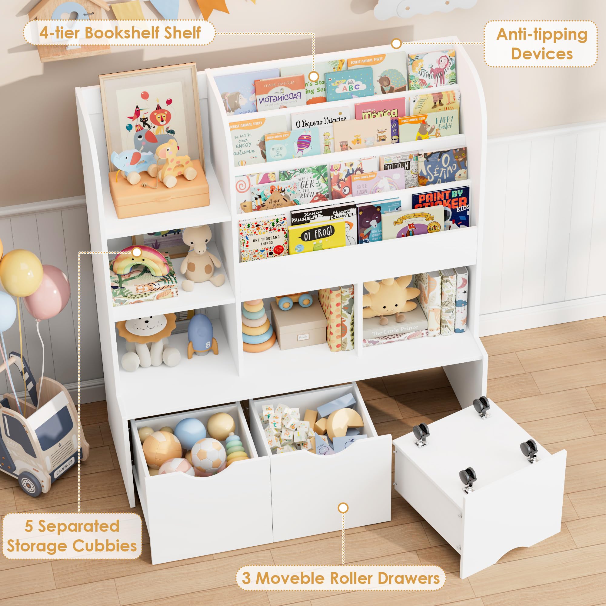 Kids Bookcase with Storage Cubbies and Drawers